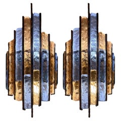 Pair Longobard Pink & Amethyst Hammered Murano Glass and Wrought Iron Sconces