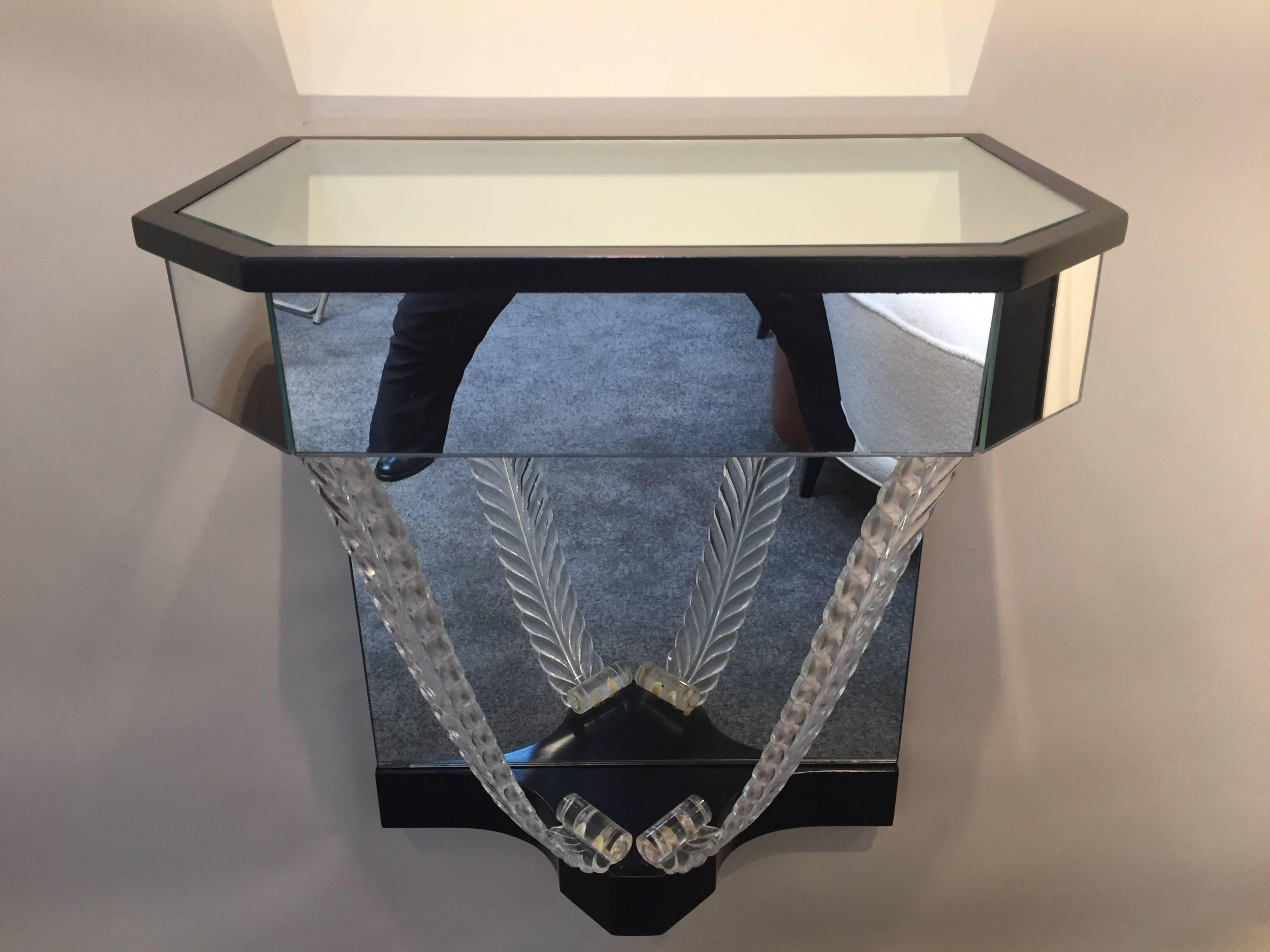 Pair of Lorin Jackson for Grosfeld House wall mount nightstands / end tables, could also be used side by side as entrance console. Lucite carved leaf designed mirror hidden draw.