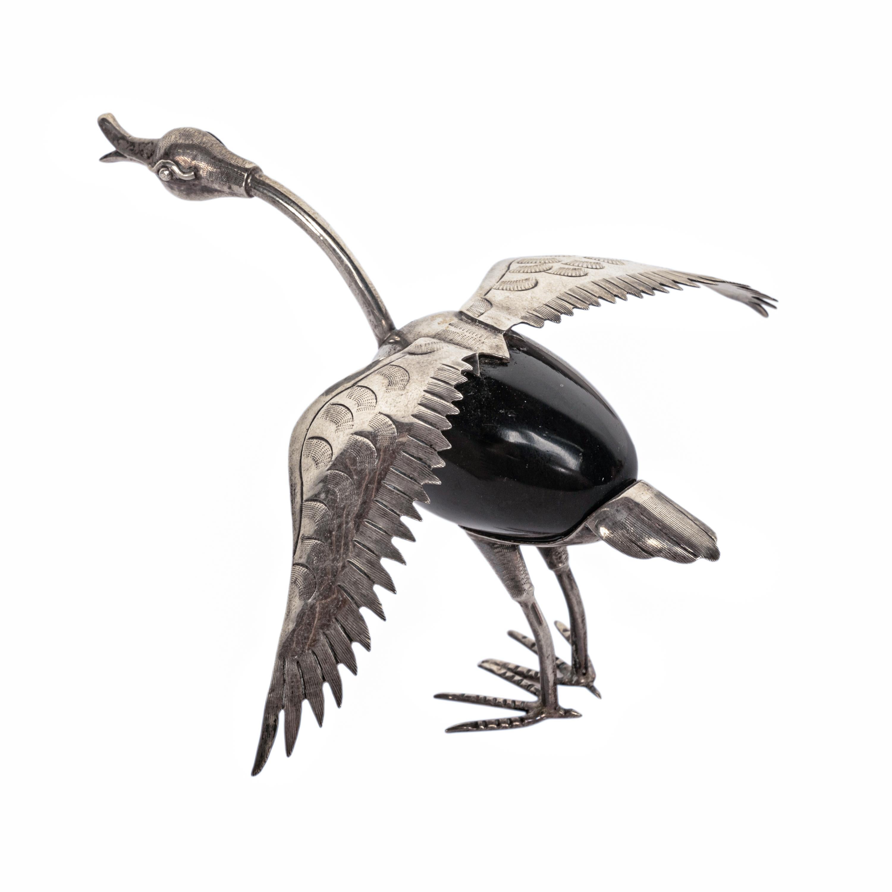 Pair Los Castillo Mexican Taxco Engraved Sterling Silver Black Onyx Birds 1950s 5