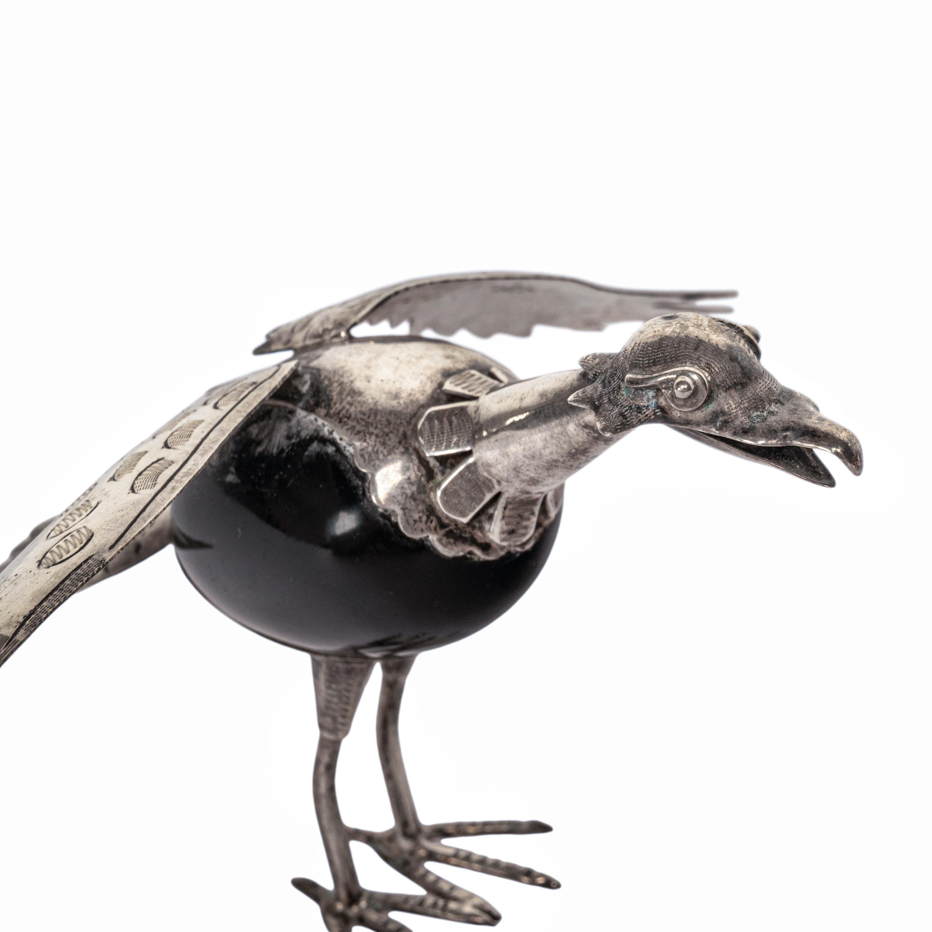 Pair Los Castillo Mexican Taxco Engraved Sterling Silver Black Onyx Birds 1950s 7