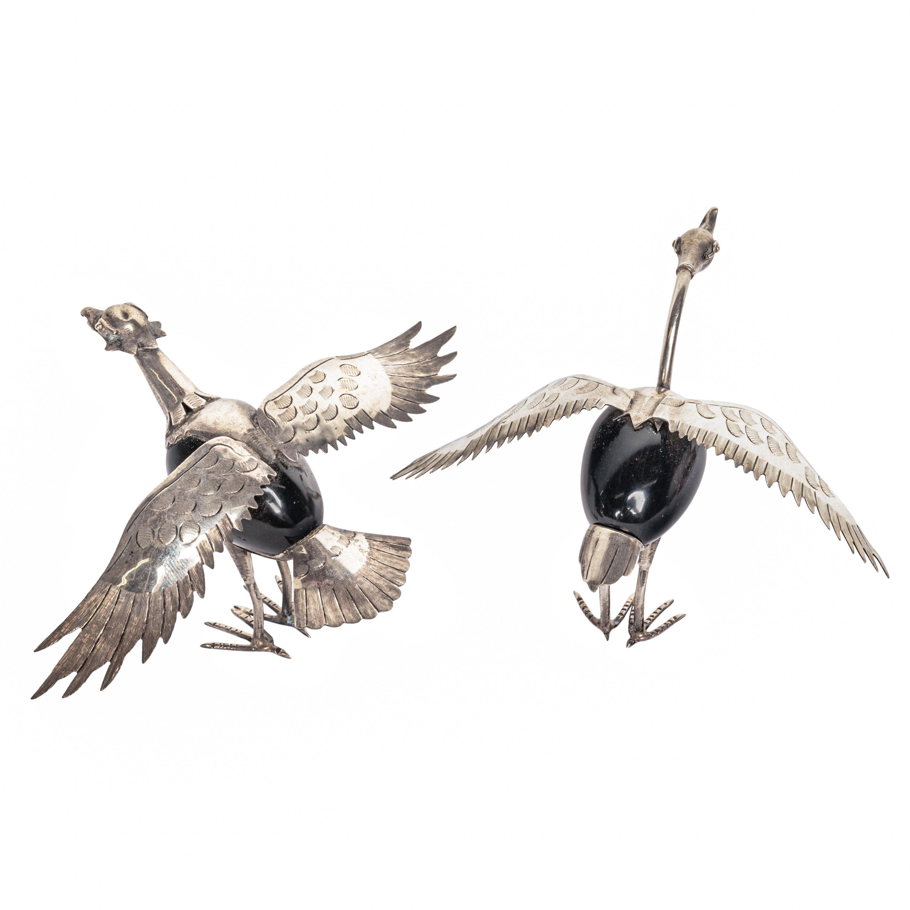 Mid-Century Modern Pair Los Castillo Mexican Taxco Engraved Sterling Silver Black Onyx Birds 1950s