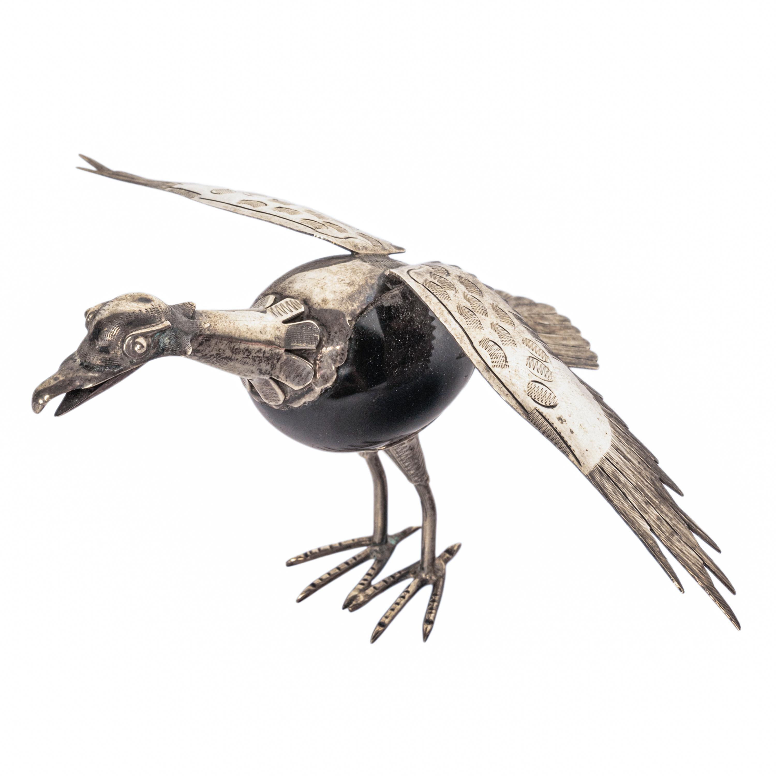 Mid-20th Century Pair Los Castillo Mexican Taxco Engraved Sterling Silver Black Onyx Birds 1950s