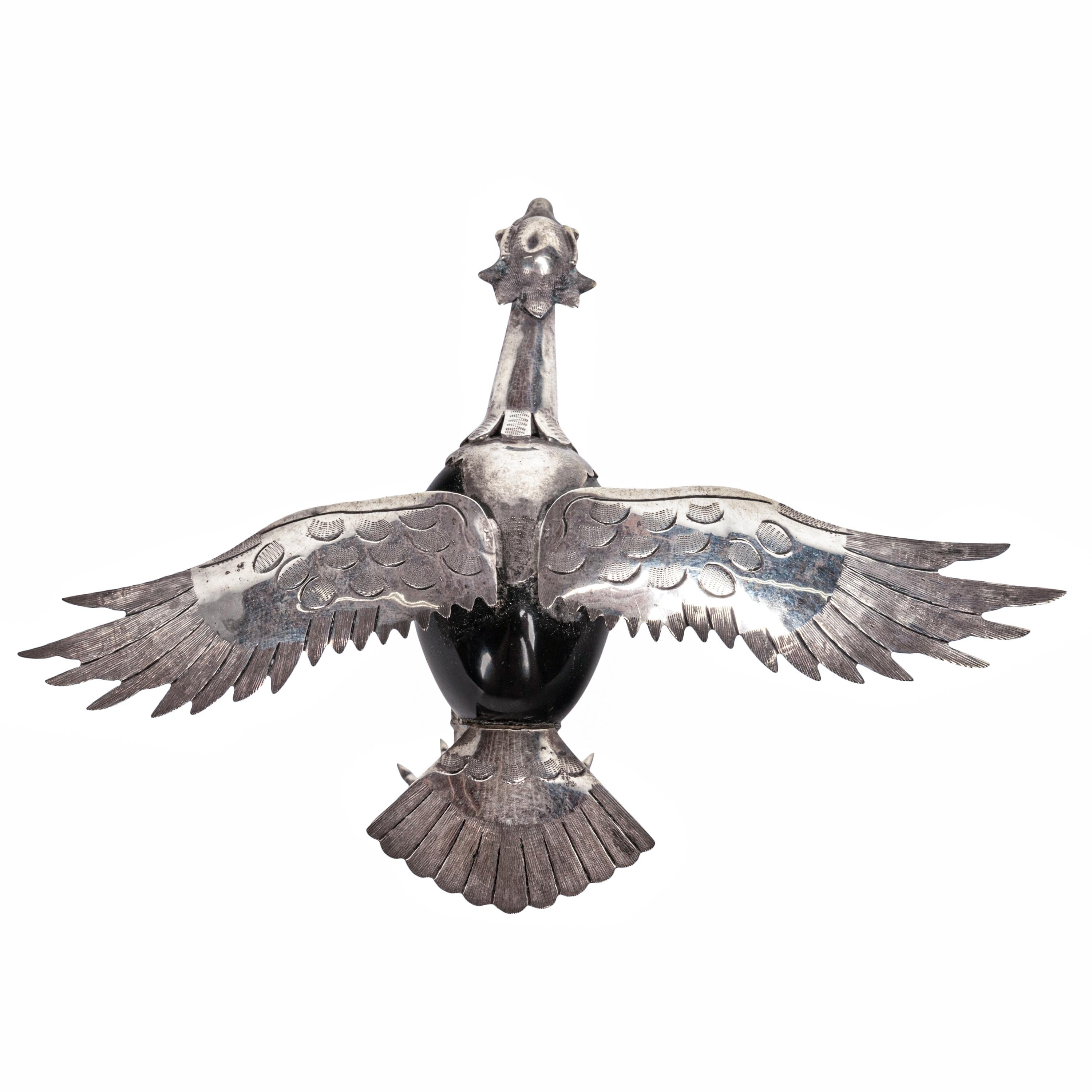 Pair Los Castillo Mexican Taxco Engraved Sterling Silver Black Onyx Birds 1950s 3