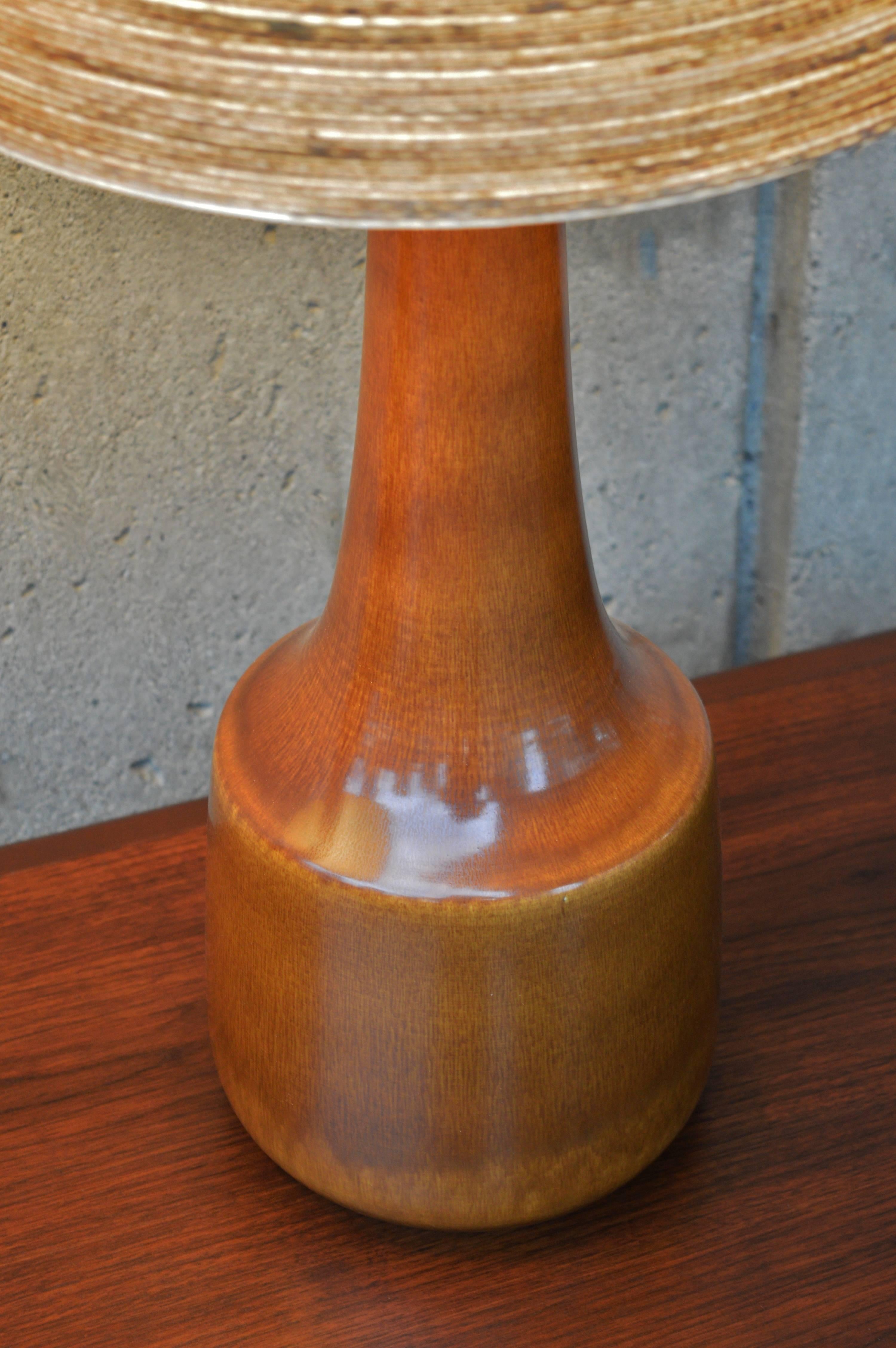 Canadian Lotte & Gunnar Bostlund Caramel Ceramic Lamps, Fibreglass Shades with Jute, Pair