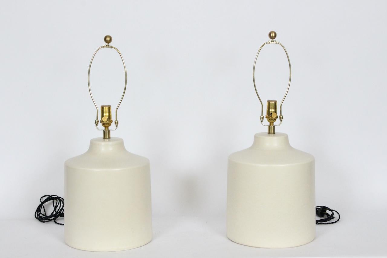 Glazed Pair Lotte and Gunnar Bostlund Off White Pottery Table Lamps, 1960's For Sale