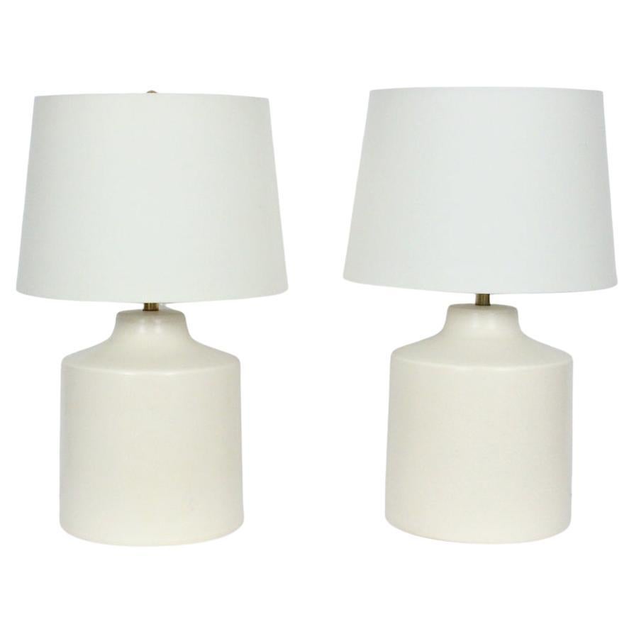 Pair Lotte and Gunnar Bostlund Off White Pottery Table Lamps, 1960's