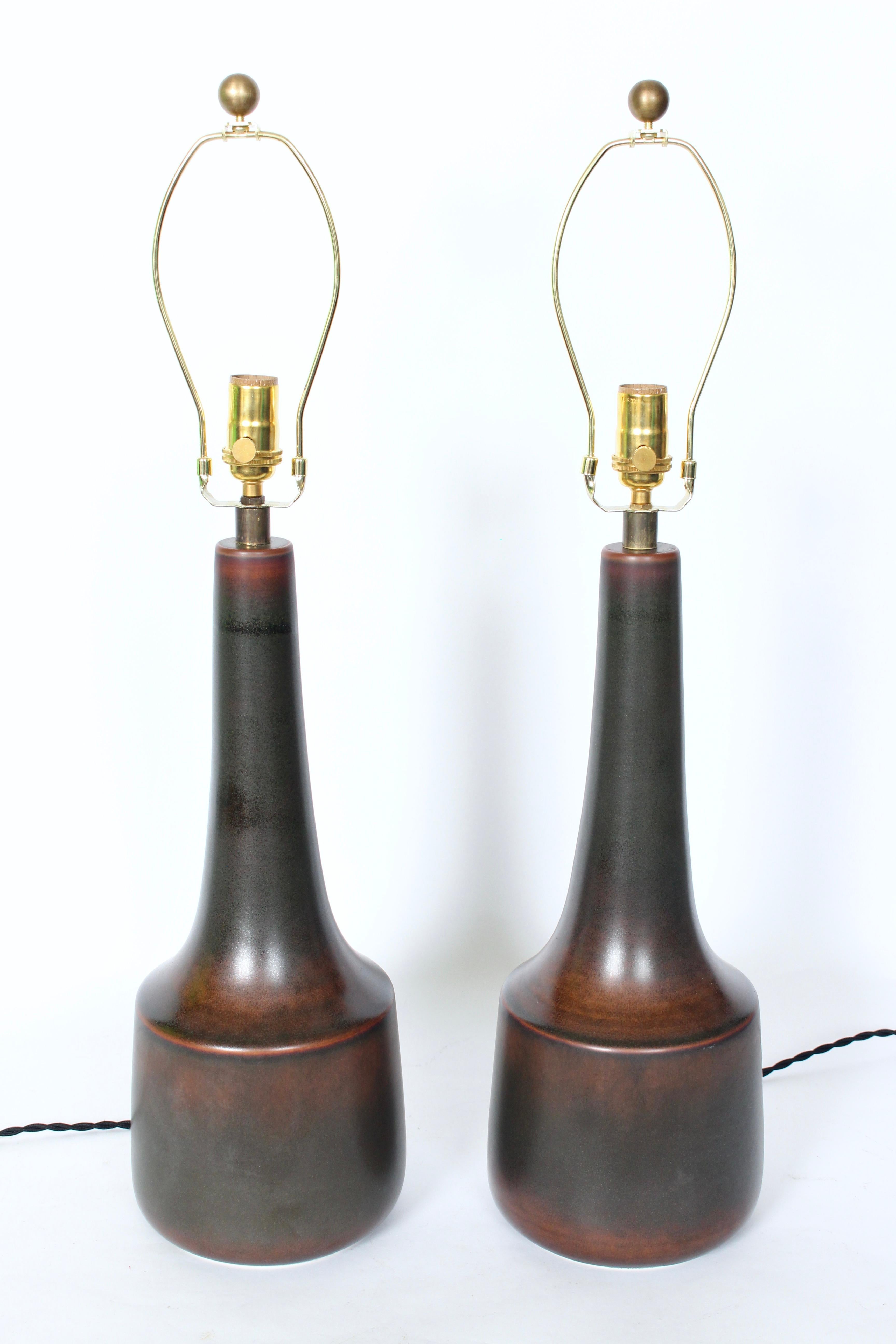 Mid-Century Modern Pair Lotte & Gunnar Bostlund Dark Green & Chestnut Stoneware Table Lamps, 1970's