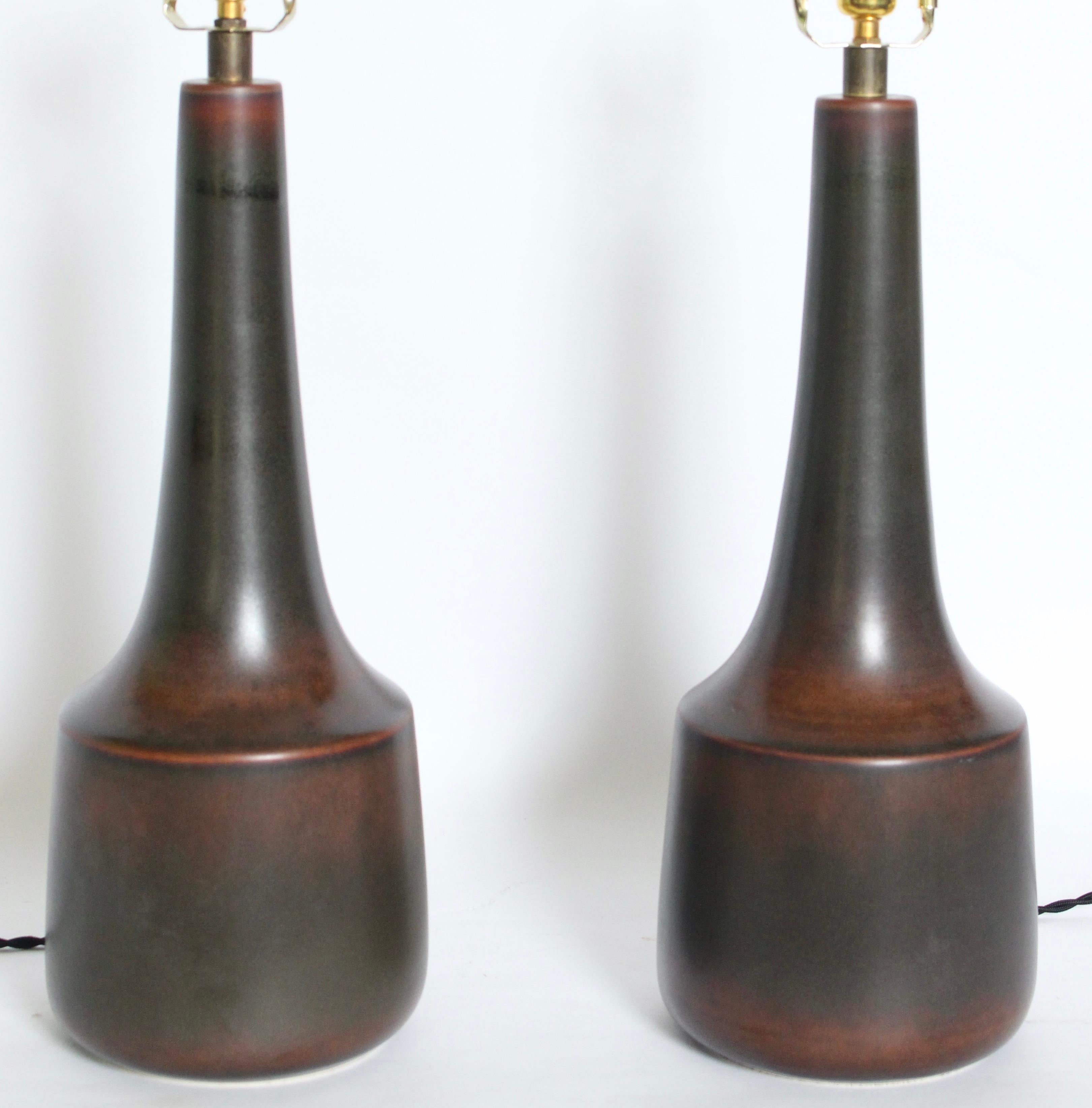 Glazed Pair Lotte & Gunnar Bostlund Dark Green & Chestnut Stoneware Table Lamps, 1970's