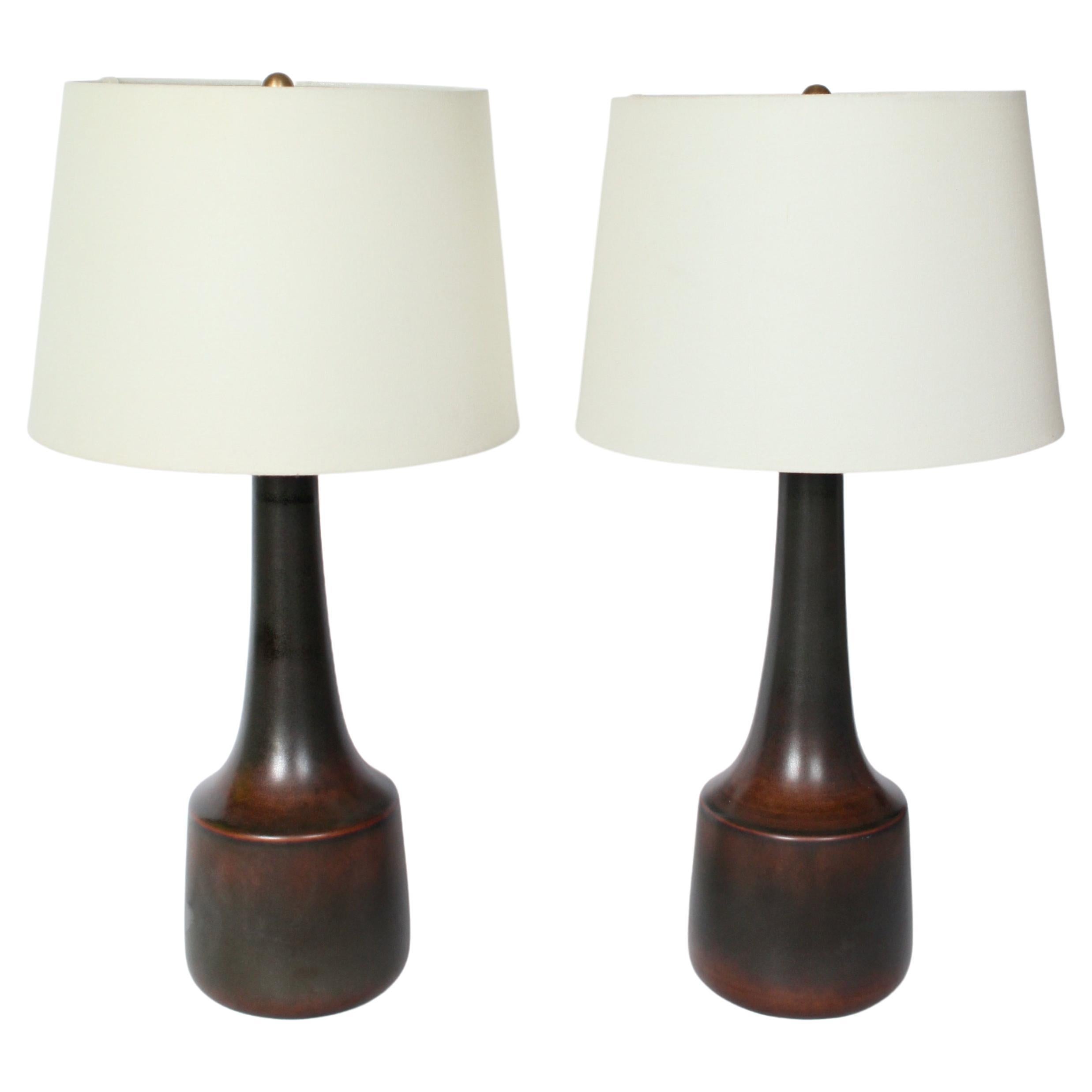 Pair Lotte & Gunnar Bostlund Dark Green & Chestnut Stoneware Table Lamps, 1970's