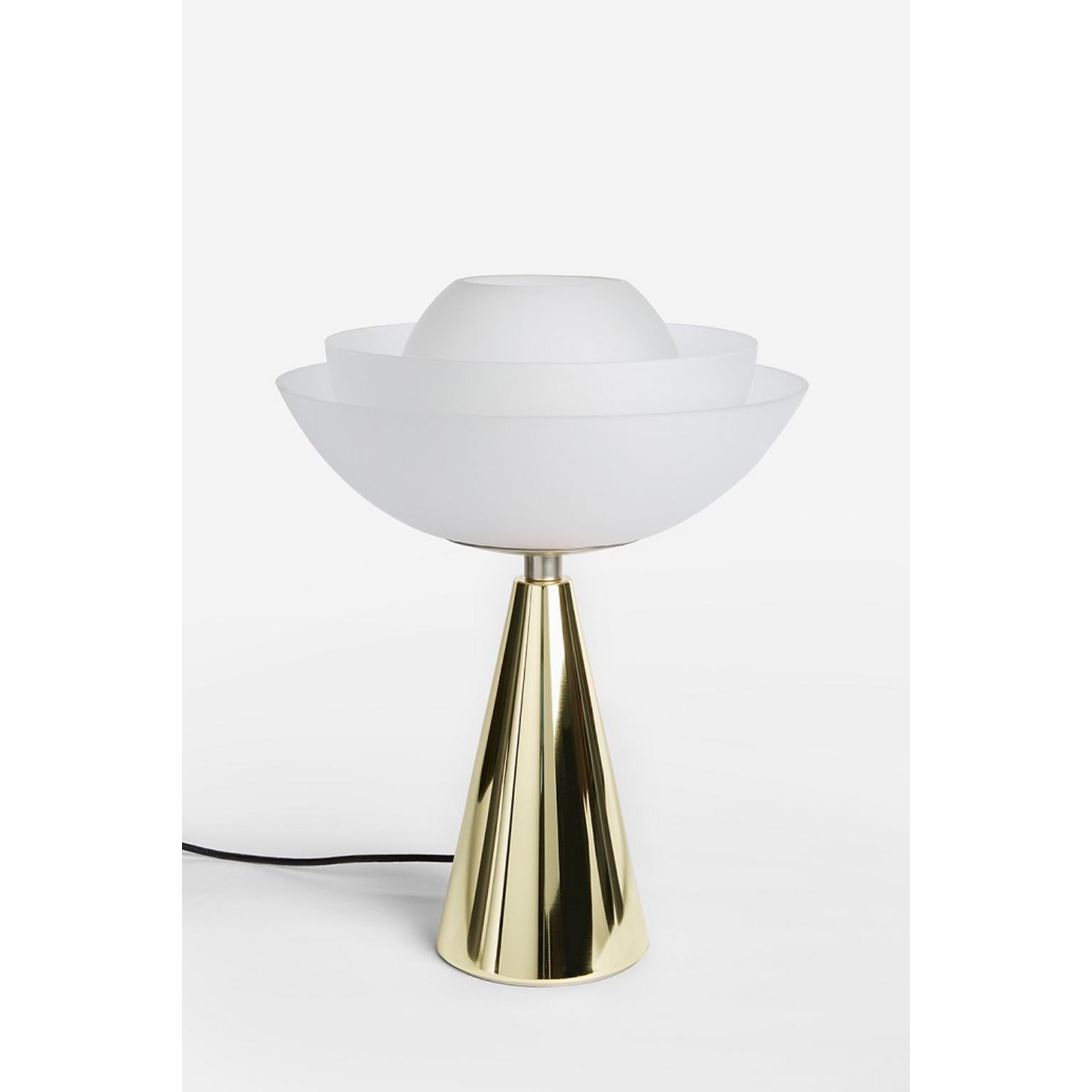 Pair Lotus table lamps by Mason Editions
Dimensions: 36 × 48 cm
Materials: matte gold 24k base + transparent smoke grey blown glass
Finishings: 
matte gold 24k base + transparent smoke grey blown glass
polished champagne gold base + transparent