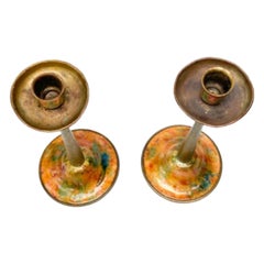 Pair Louis C Tiffany Furnaces Enamel & Gilt Bronze Candlesticks # 35 circa, 1925