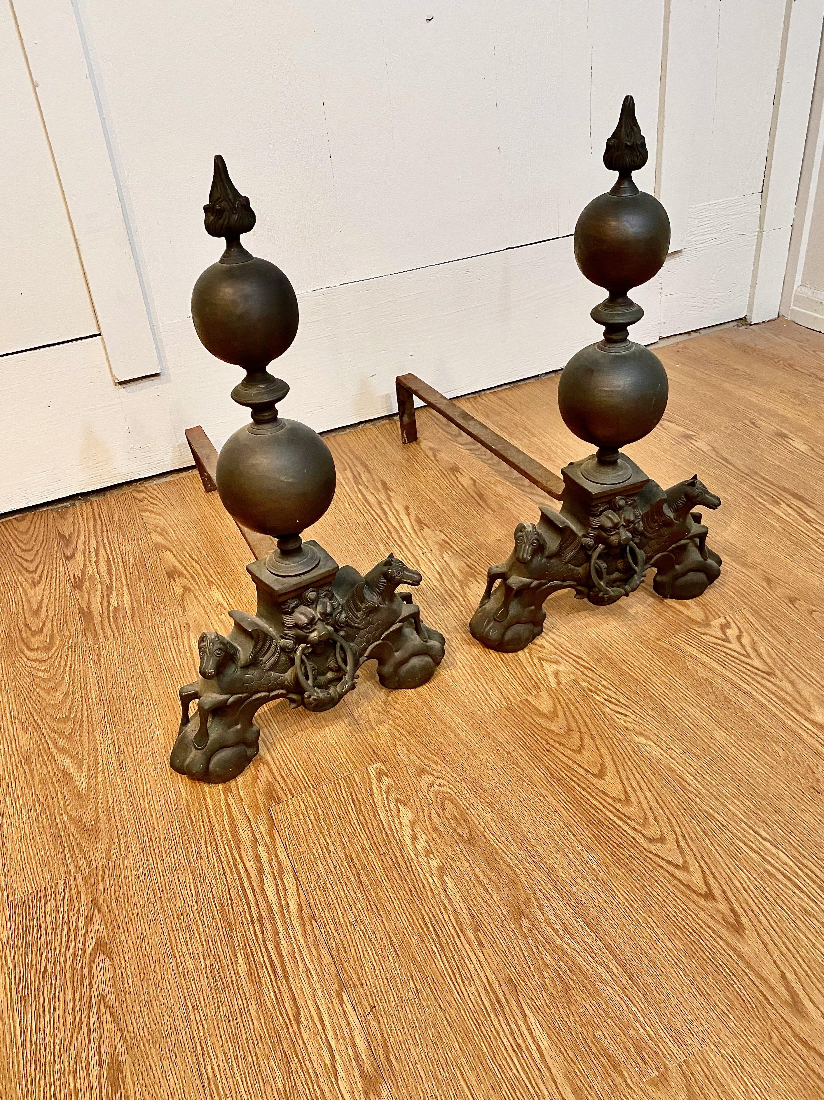 Pair Louis XIV-Style Bronze Andirons For Sale 1