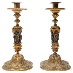 Antique Pair Louis XIV Style Gilt Bronze Candlesticks