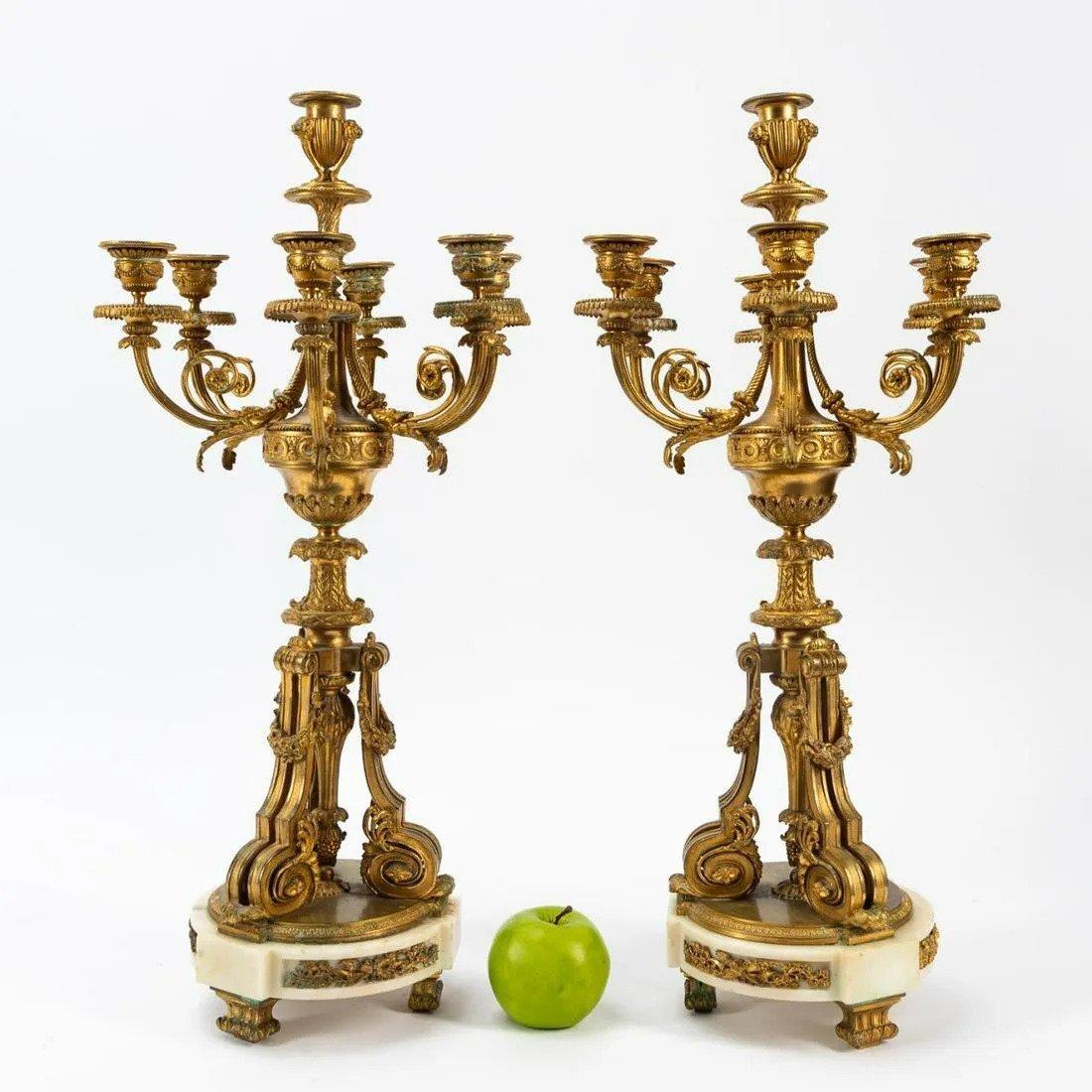 Louis XVI Pair Louis XIV Style Ormolu Seven Light Candelabra For Sale