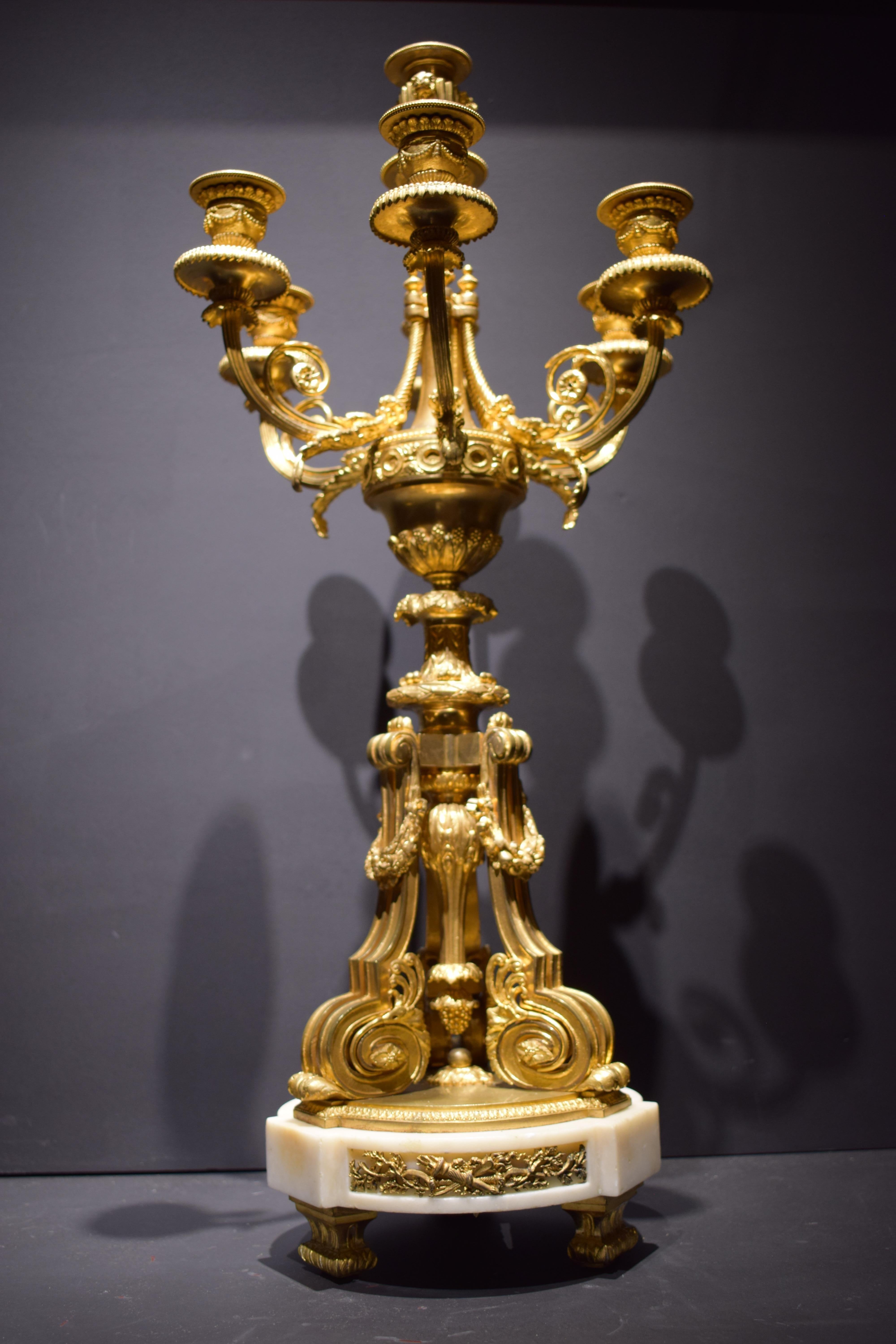 Pair Louis XIV Style Ormolu Seven Light Candelabra In Good Condition For Sale In Atlanta, GA