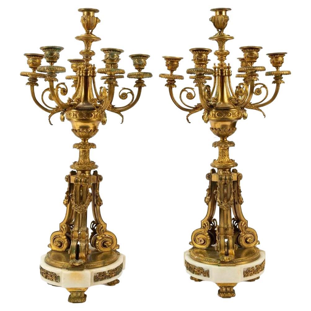 Pair Louis XIV Style Ormolu Seven Light Candelabra For Sale
