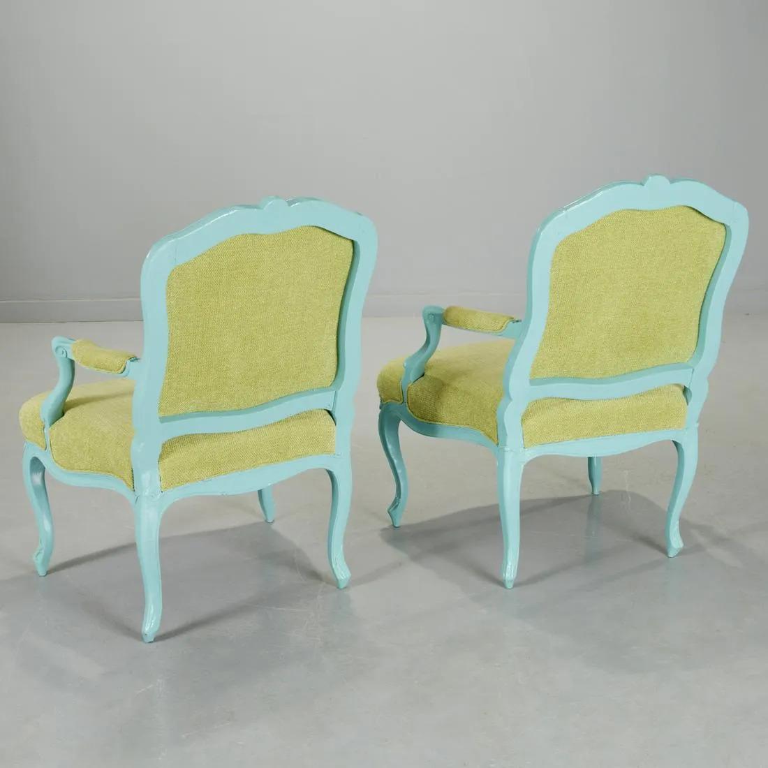 Pair Louis XIV style turquoise painted armchairs. The chairs have thick lacquer over walnut frames, velvet upholstery with Cabriole legs.