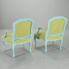 Pair Louis XIV Style Turquoise Painted Armchairs