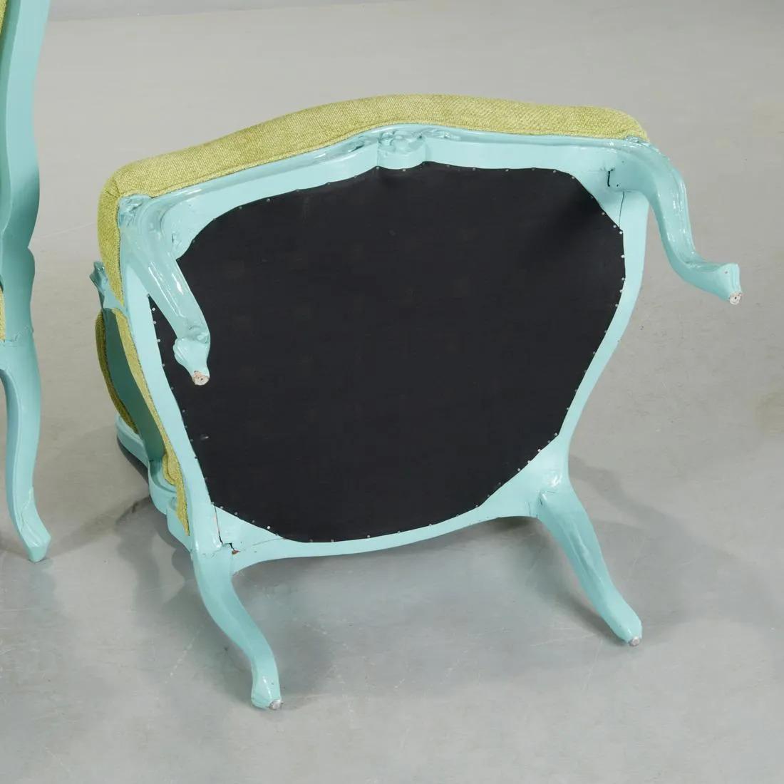 Lacquered Pair Louis XIV Style Turquoise Painted Armchairs For Sale