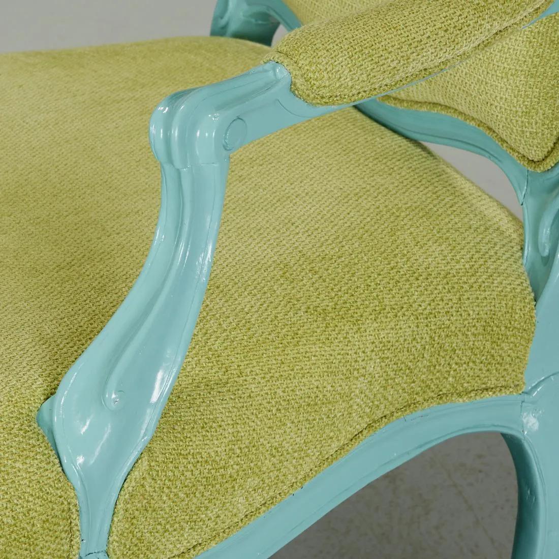 Pair Louis XIV Style Turquoise Painted Armchairs In Good Condition For Sale In New York, NY