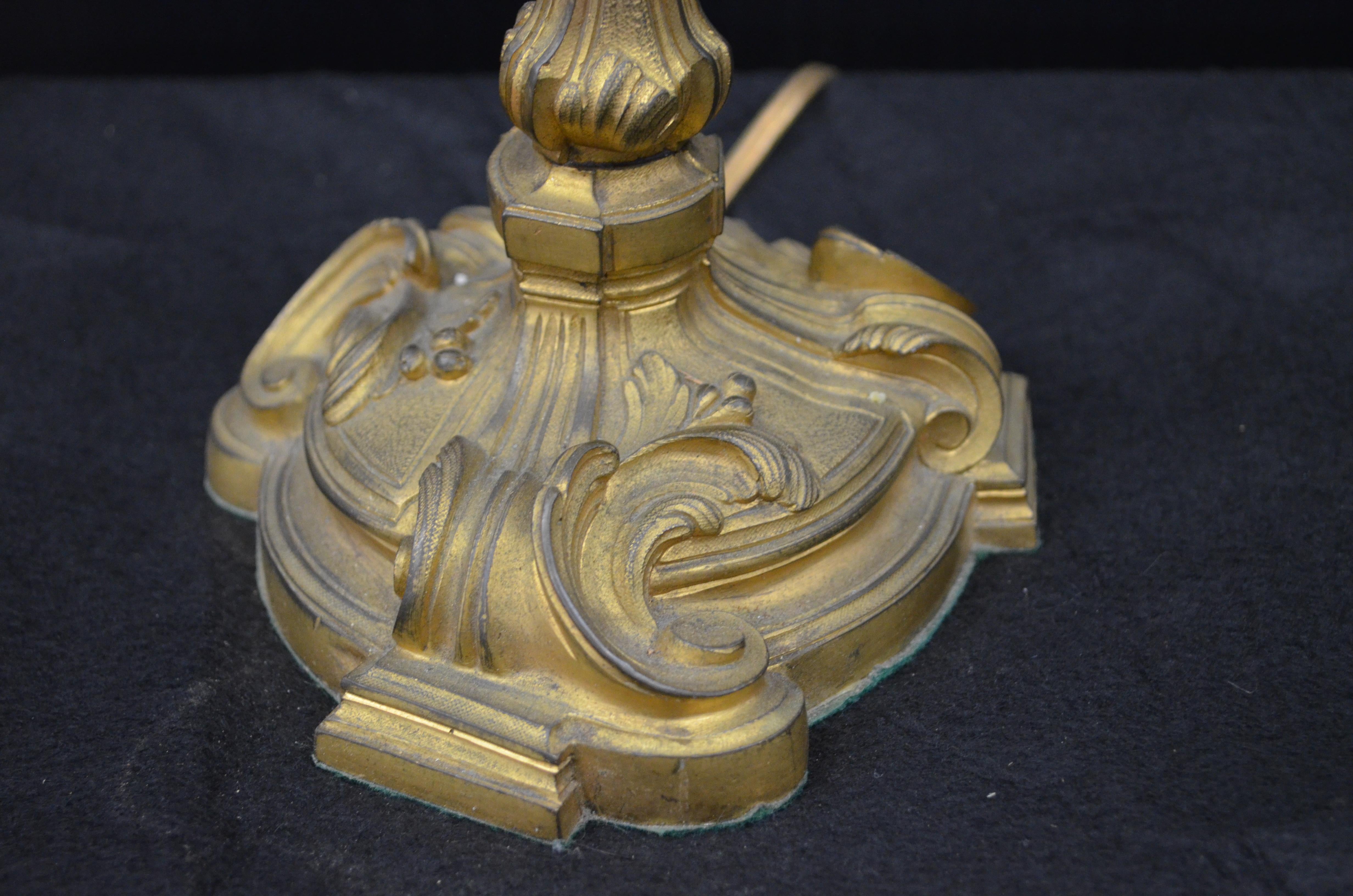 Pair Louis XV Bronze Doré Candlesticks Mounted Lamps W/ Tole Bouillotte Shades For Sale 6