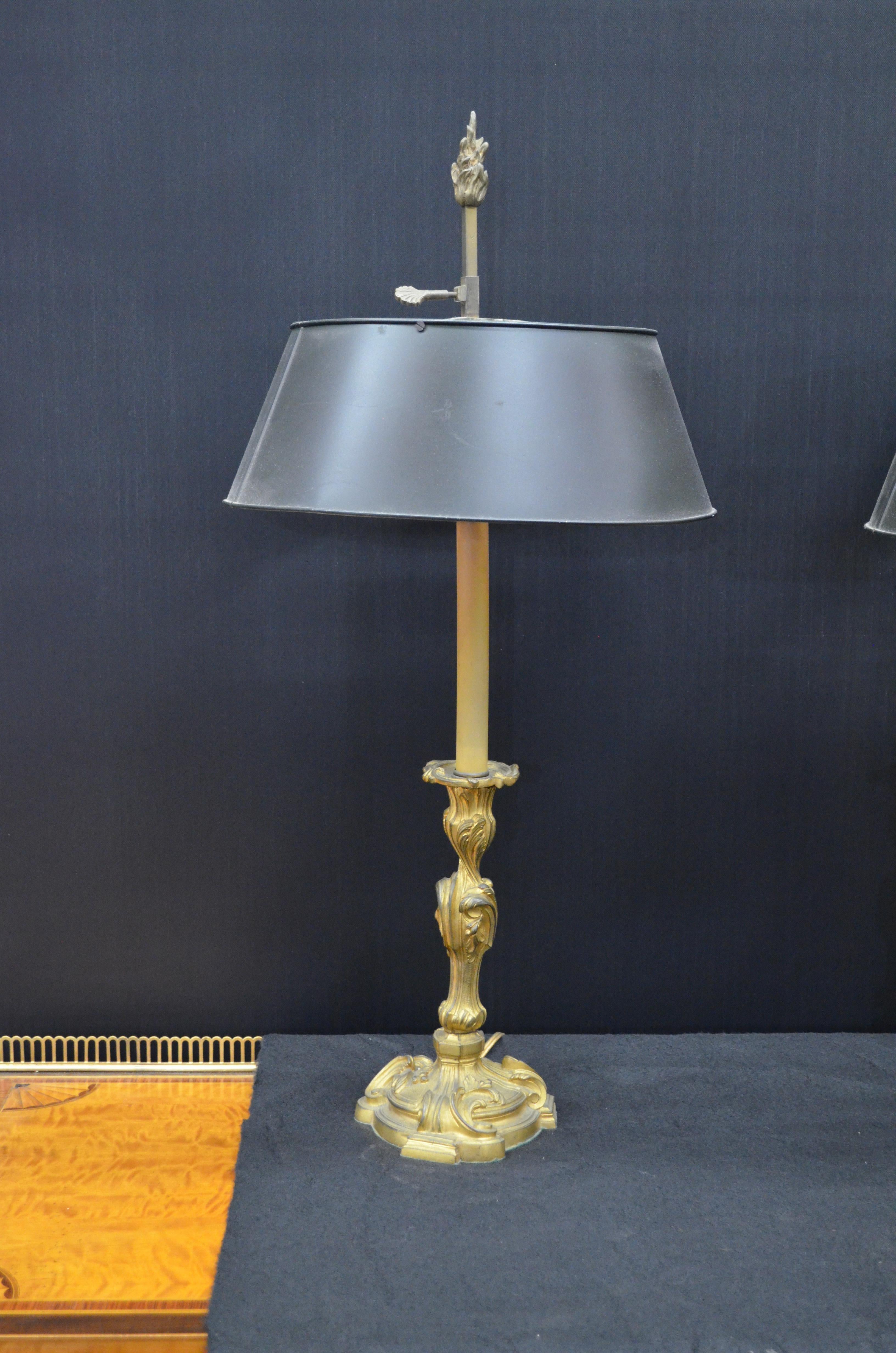 French Pair Louis XV Bronze Doré Candlesticks Mounted Lamps W/ Tole Bouillotte Shades For Sale