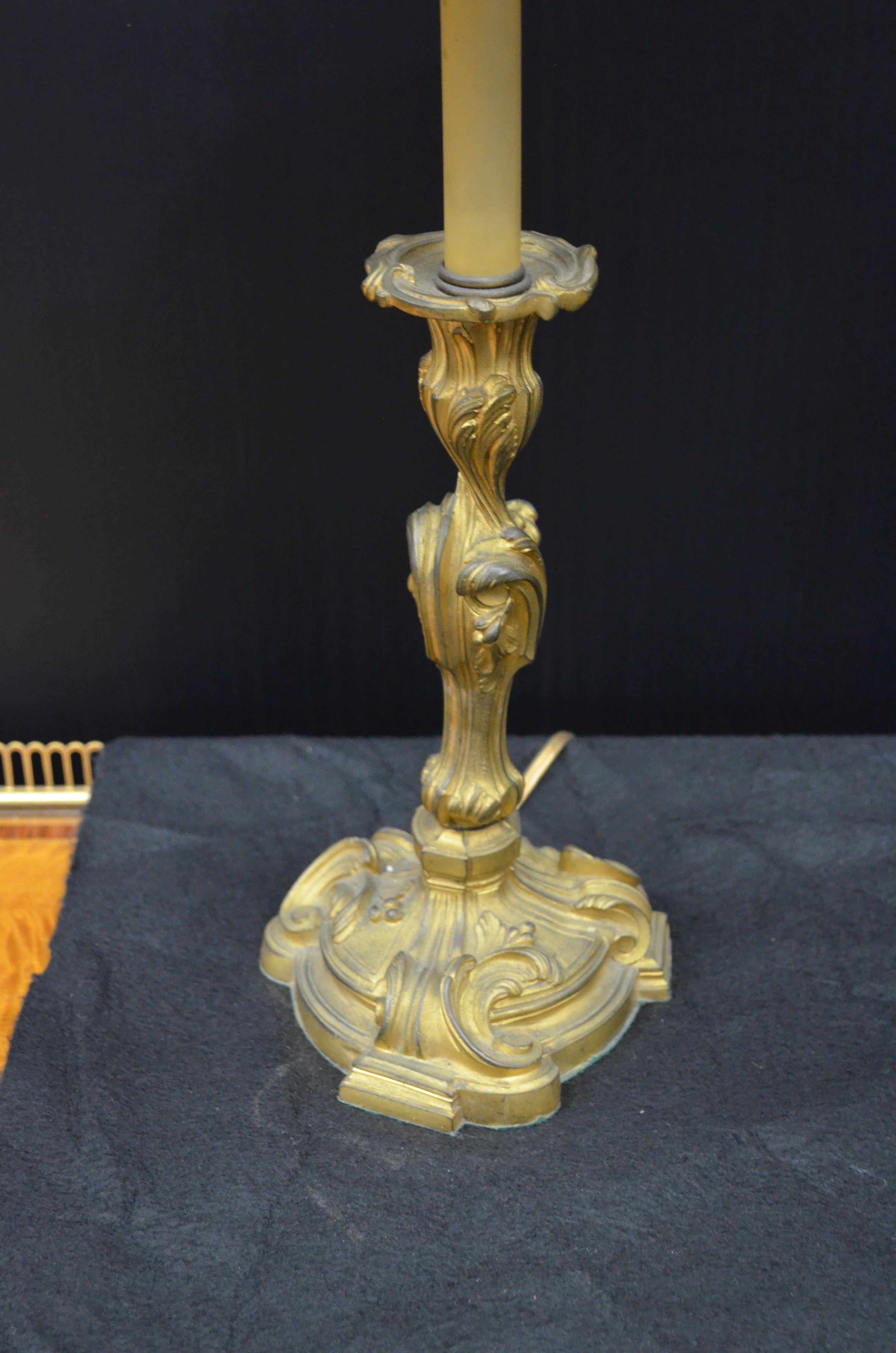 Pair Louis XV Bronze Doré Candlesticks Mounted Lamps W/ Tole Bouillotte Shades For Sale 1