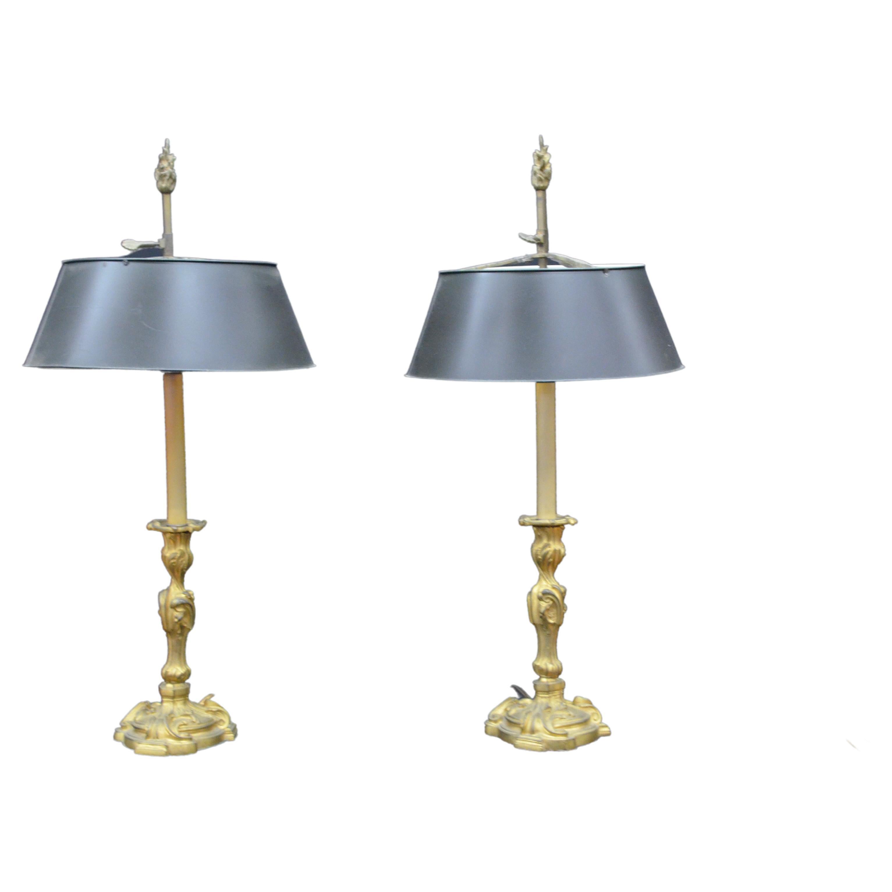 Pair Louis XV Bronze Doré Candlesticks Mounted Lamps W/ Tole Bouillotte Shades For Sale