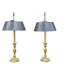 Pair Louis XV Bronze Doré Candlesticks Mounted Lamps W/ Tole Bouillotte Shades