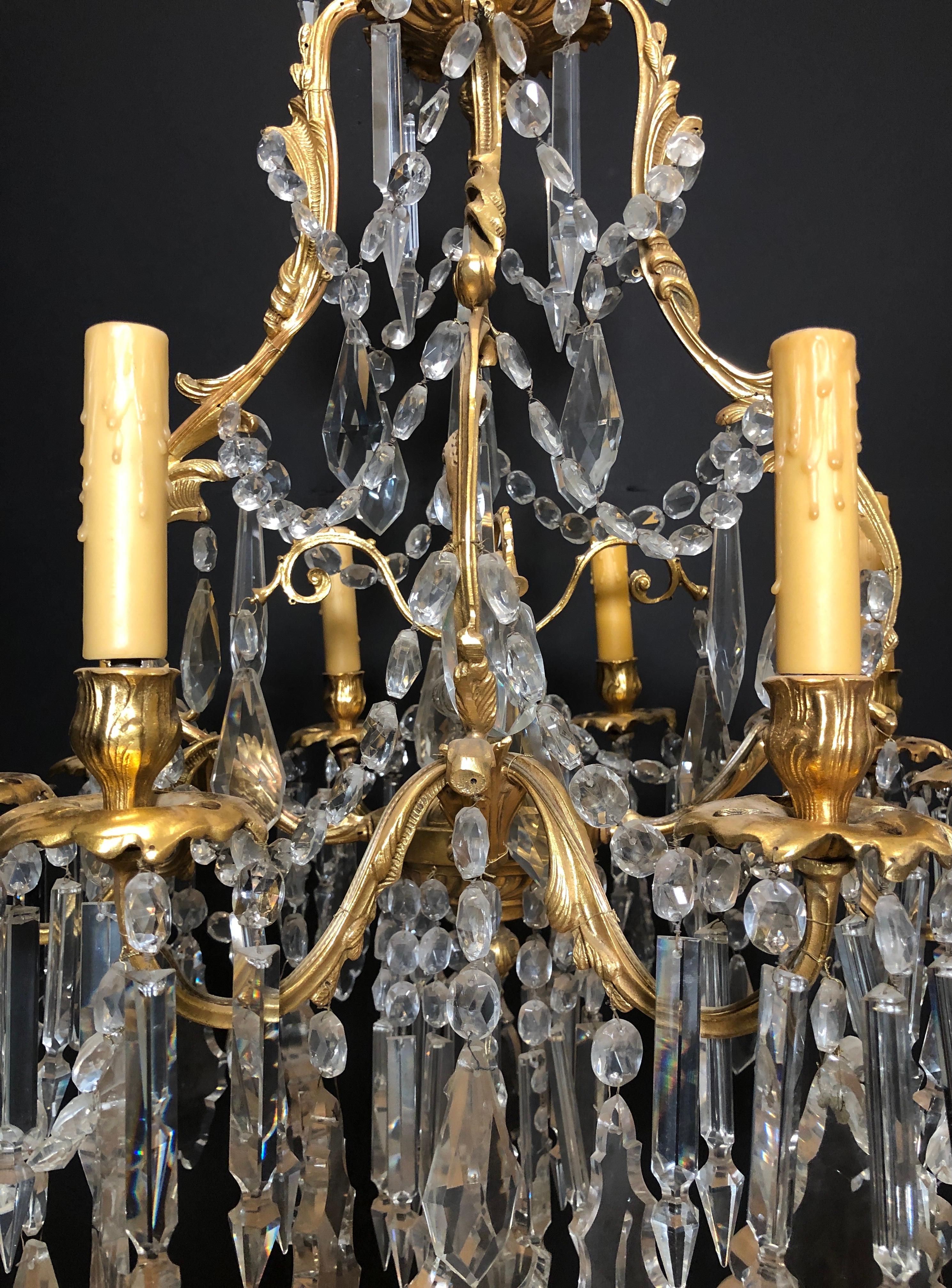 Pair Of Gilt Bronze and Crystal 19th Century Louis XV Chandeliers  In Good Condition For Sale In Norwood, NJ