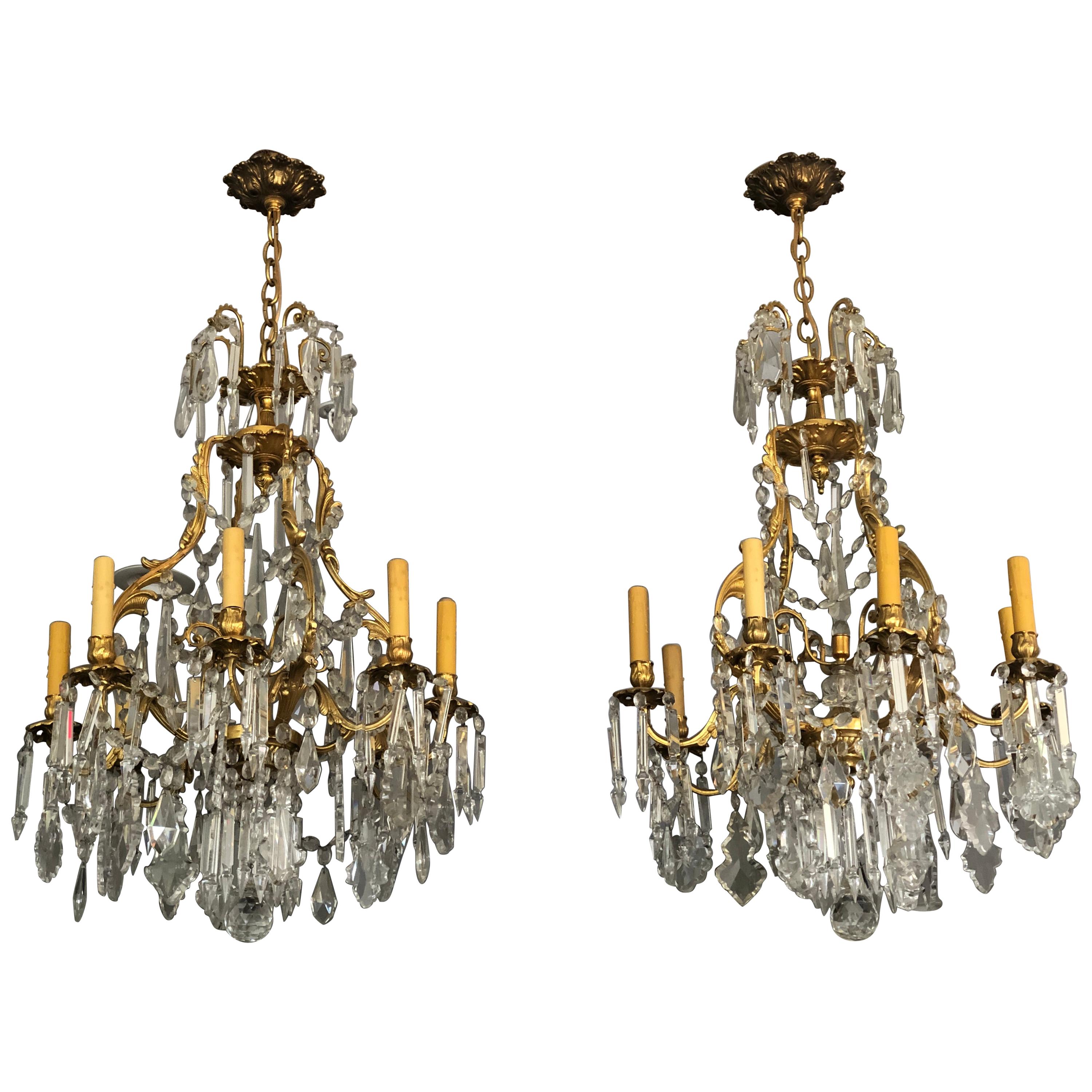 Pair Of Gilt Bronze and Crystal 19th Century Louis XV Chandeliers  For Sale
