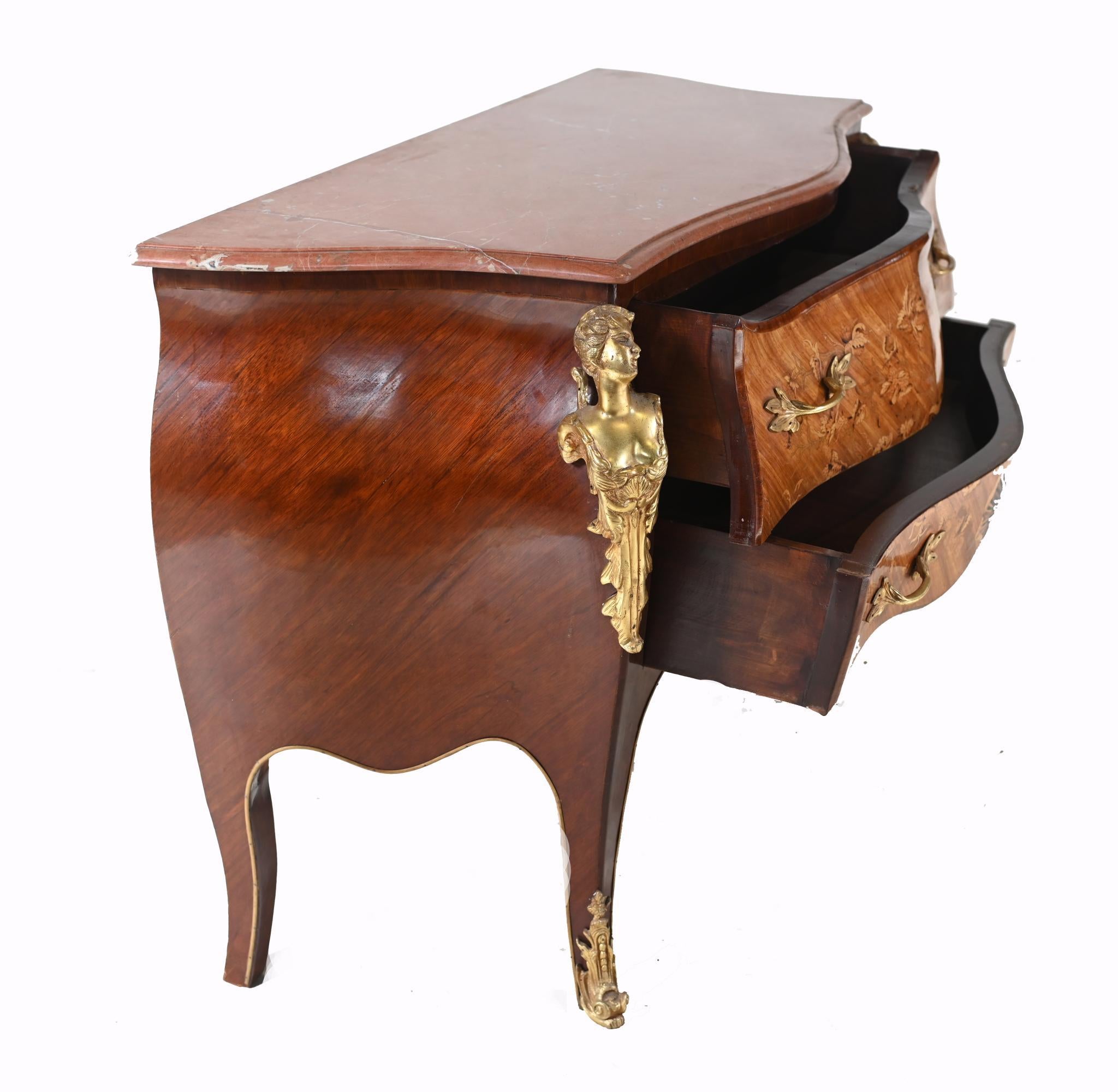 Late 20th Century Pair Louis XV Commodes Bombe Chest Drawers Gilt Linke For Sale