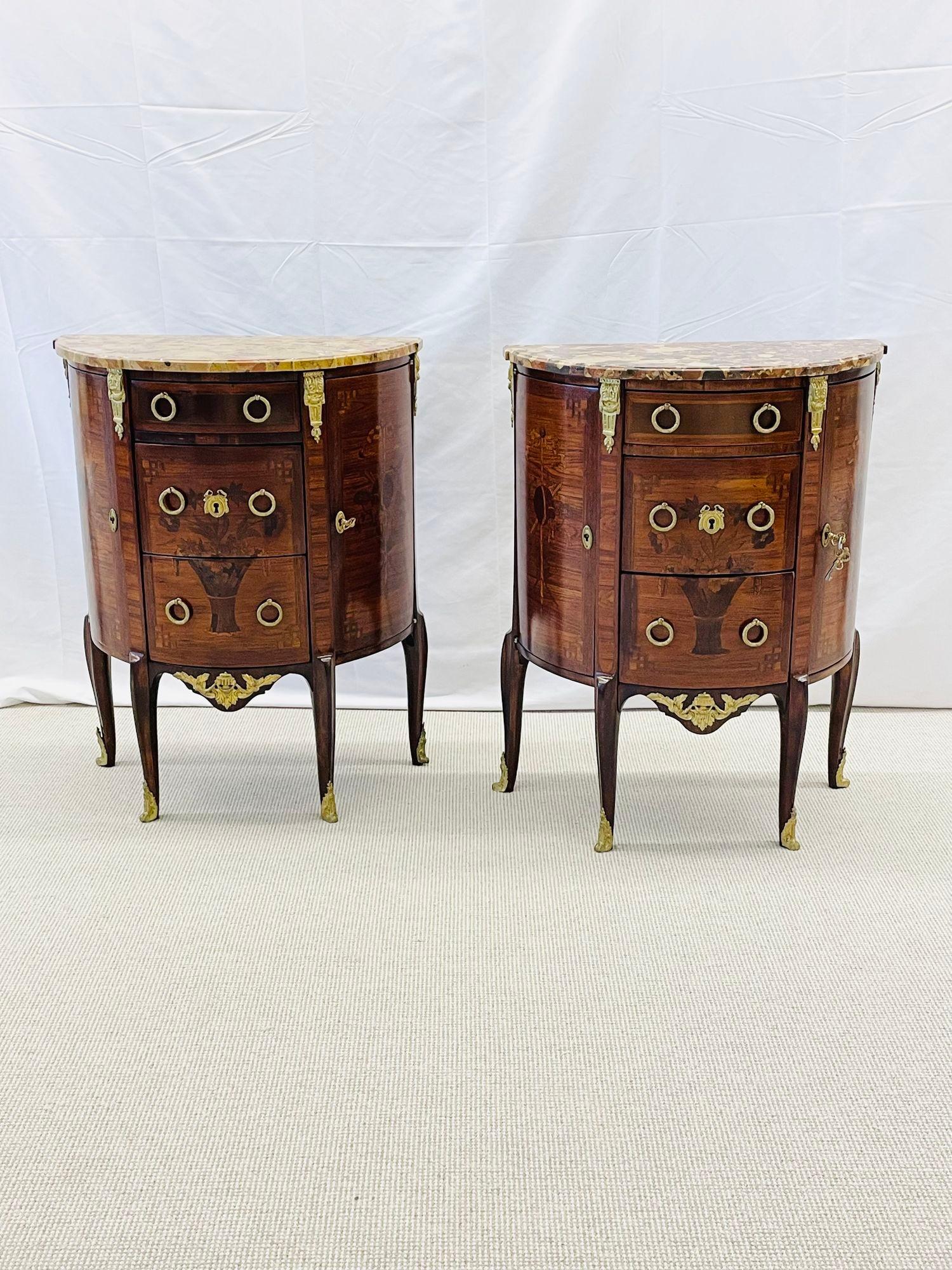 French Pair Louis XV Demilune Side Tables, Nightstands, Commodes, Marble, Bronze Mounts For Sale