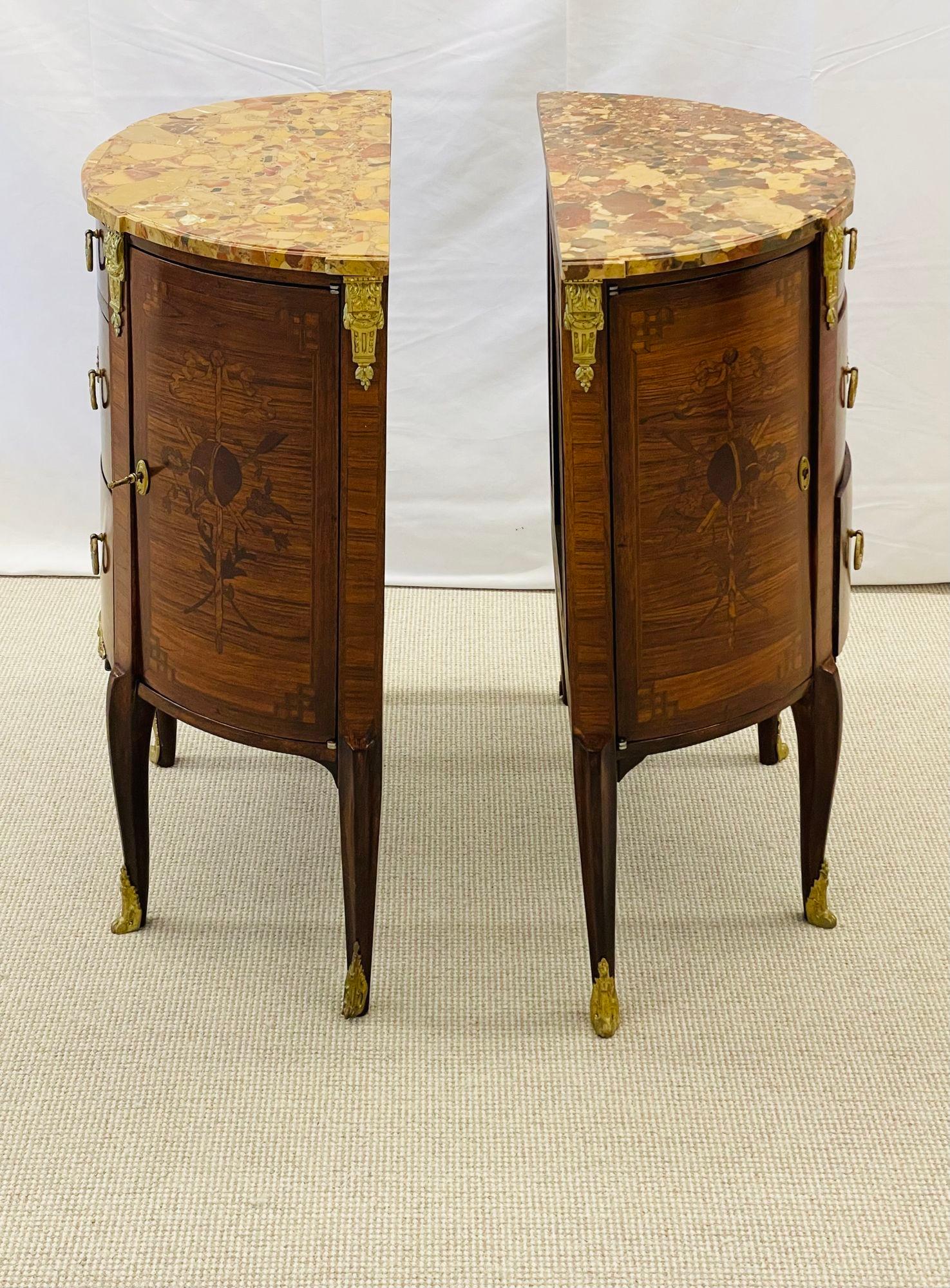 Pair Louis XV Demilune Side Tables, Nightstands, Commodes, Marble, Bronze Mounts For Sale 2