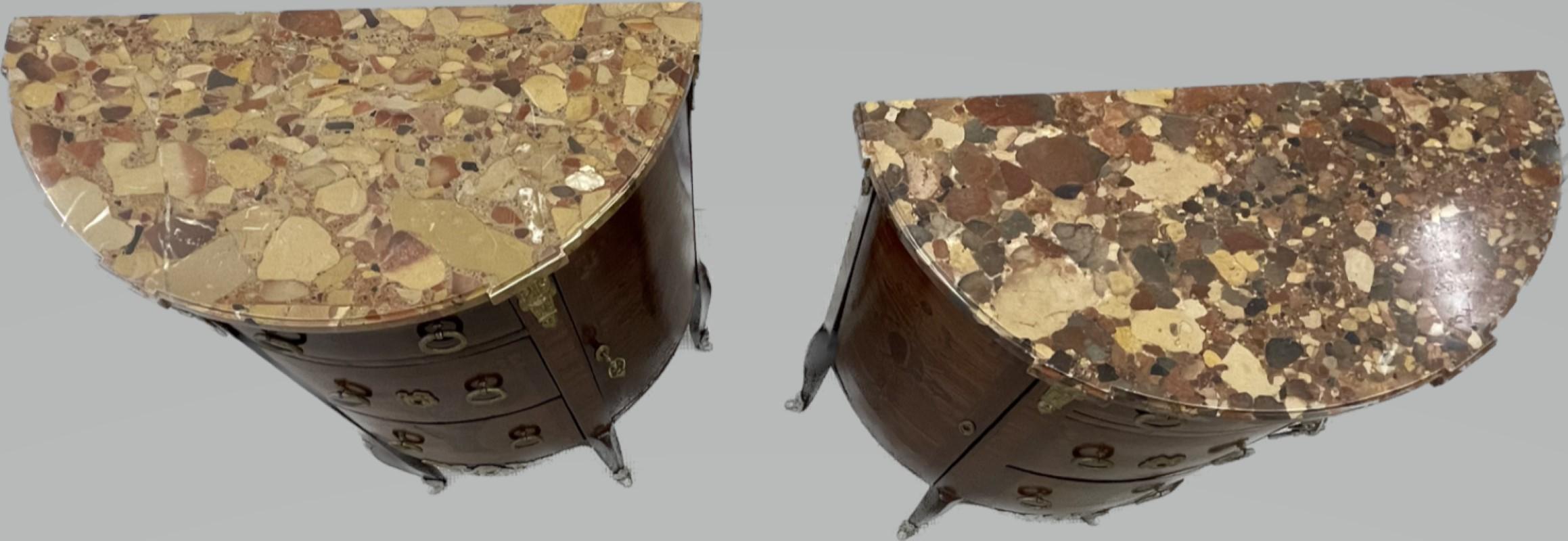 Pair Louis XV Demilune Side Tables, Nightstands, Commodes, Marble, Bronze Mounts For Sale 3
