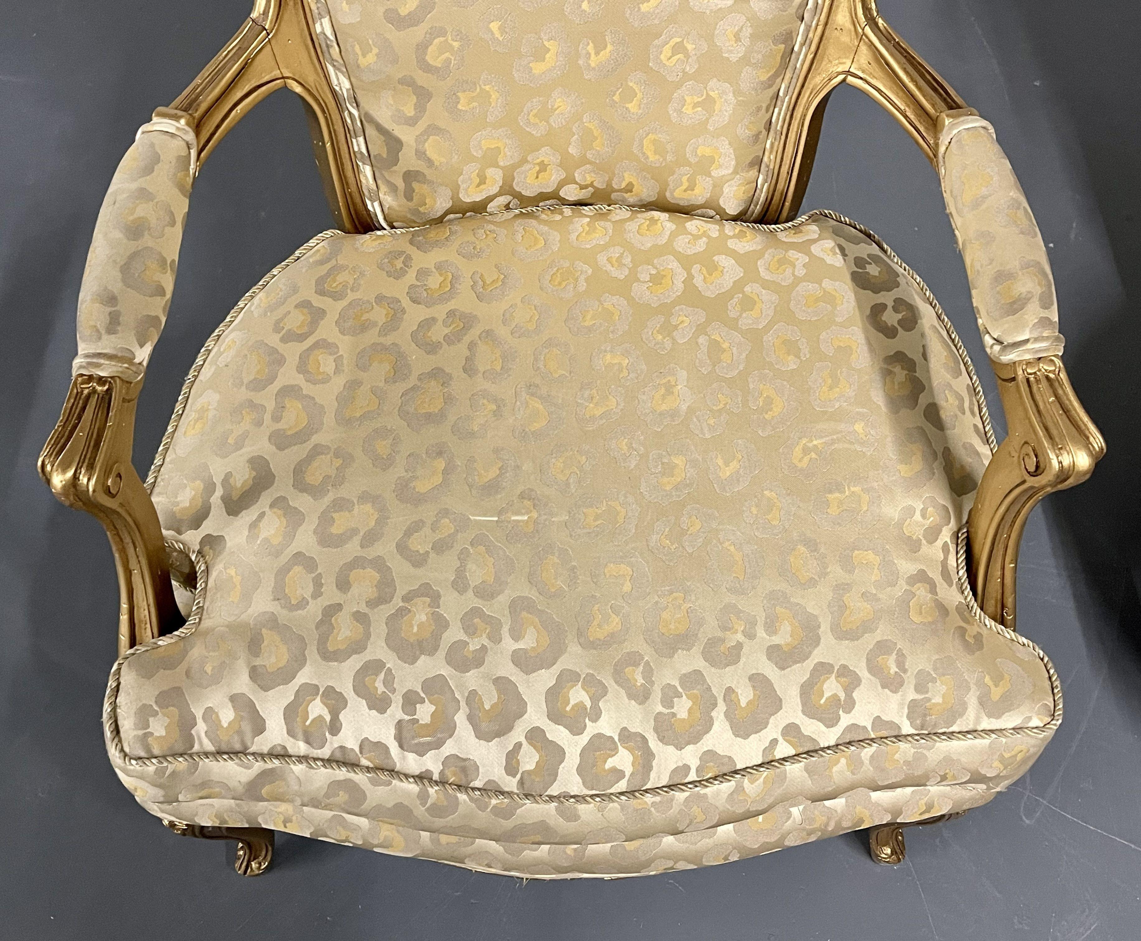 Pair Louis XV Fauteuil, Gilt Armchairs, Hollywood Regency, Leopard Textile 6