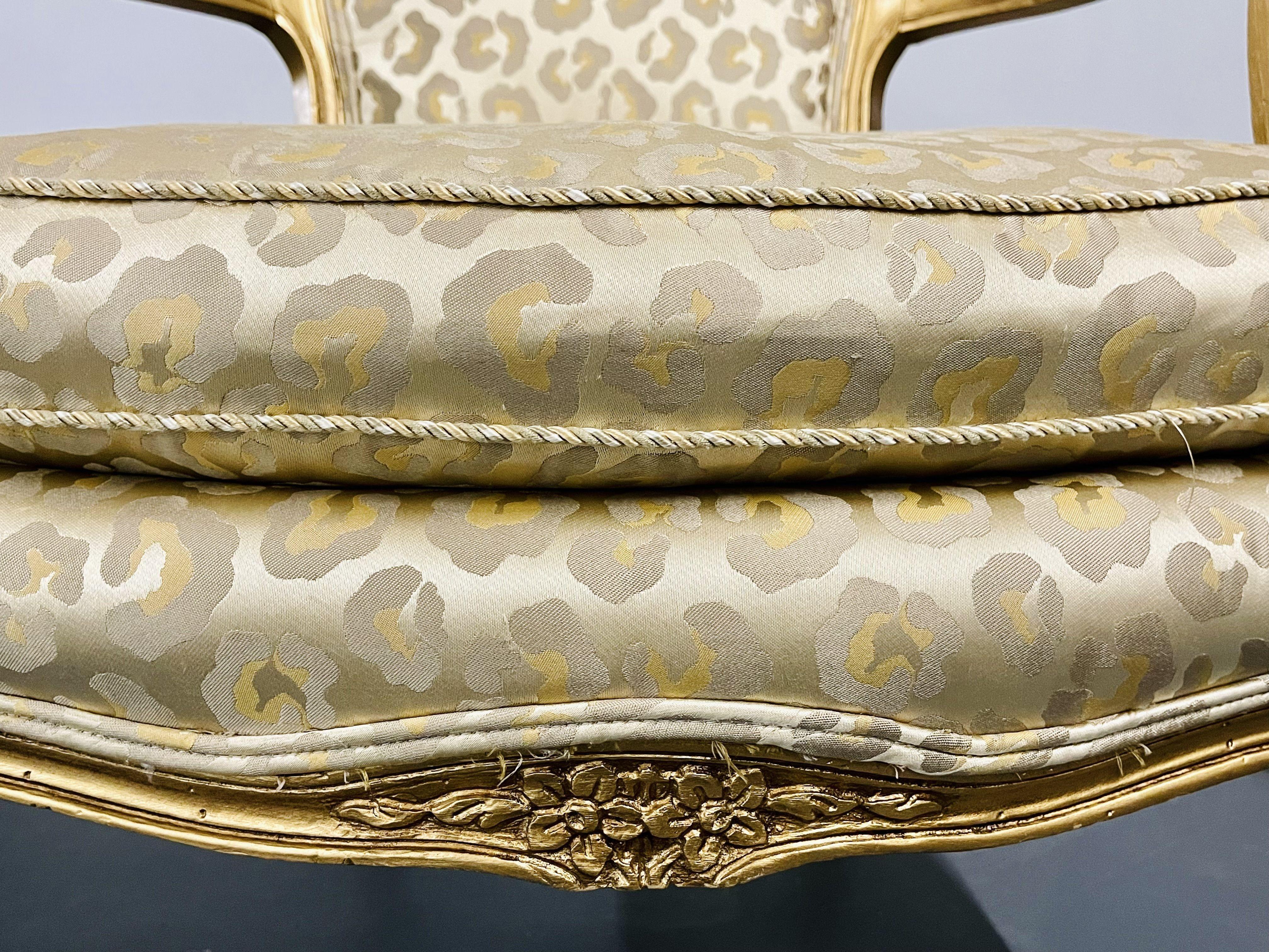 Pair Louis XV Fauteuil, Gilt Armchairs, Hollywood Regency, Leopard Textile 4