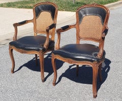 Pair Louis XV Fruitwood Brass Nailed Leather Upholstered Cane Back Armchairs