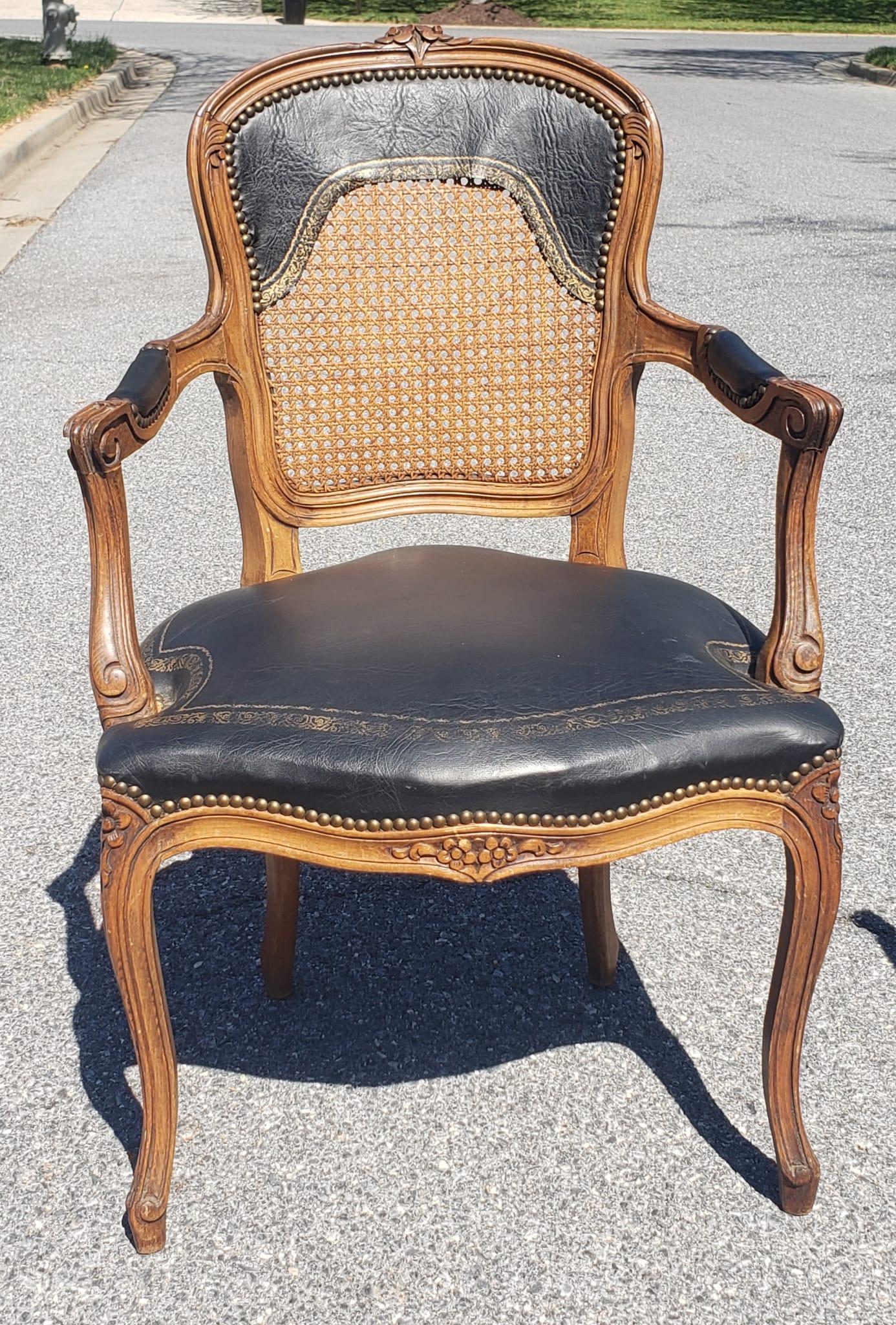 Other Pair Louis XV Fruitwood Brass Nailed Leather Upholstered Cane Back Armchairs For Sale