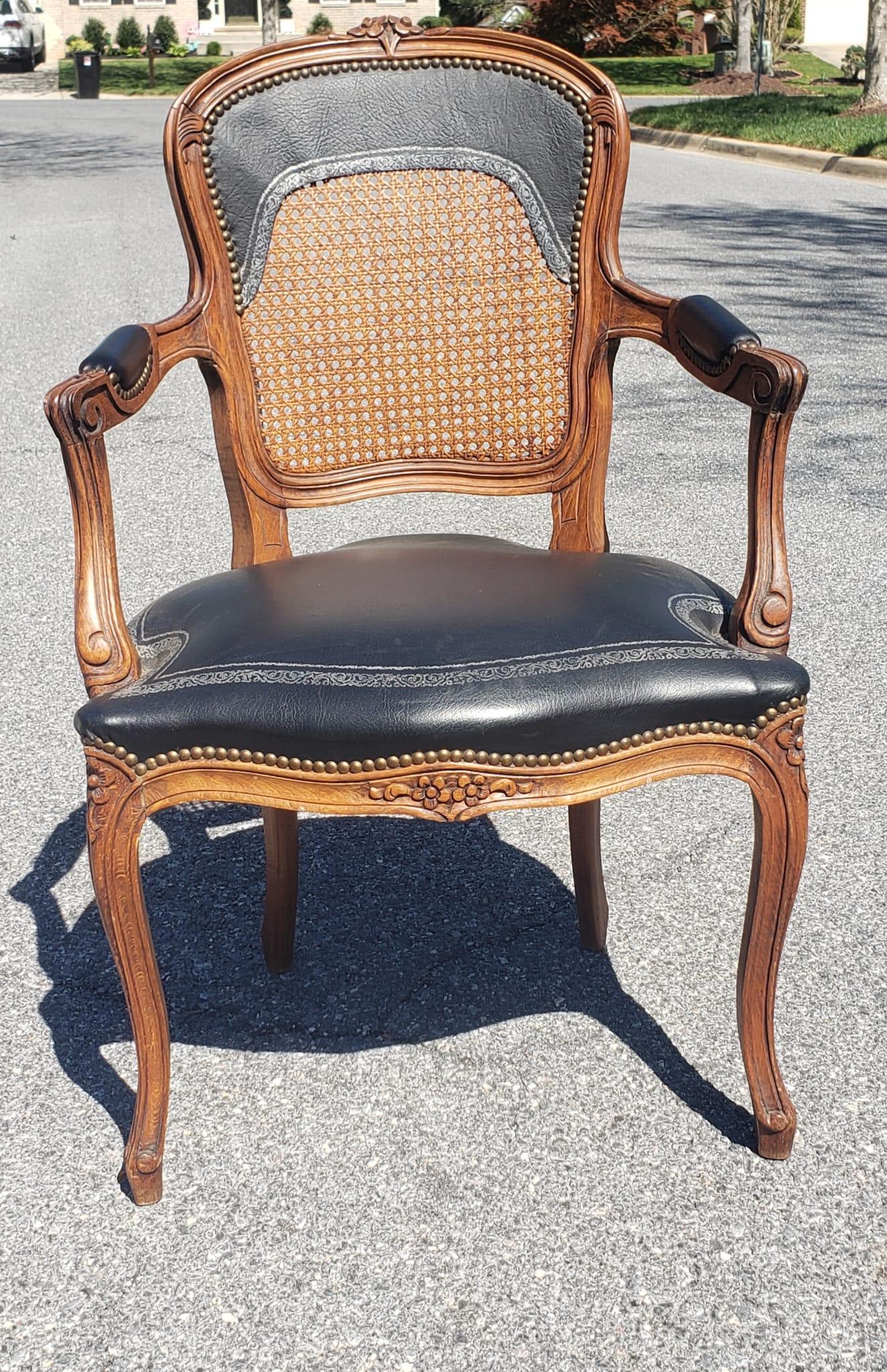 Pair Louis XV Fruitwood Brass Nailed Leather Upholstered Cane Back Armchairs In Good Condition For Sale In Germantown, MD