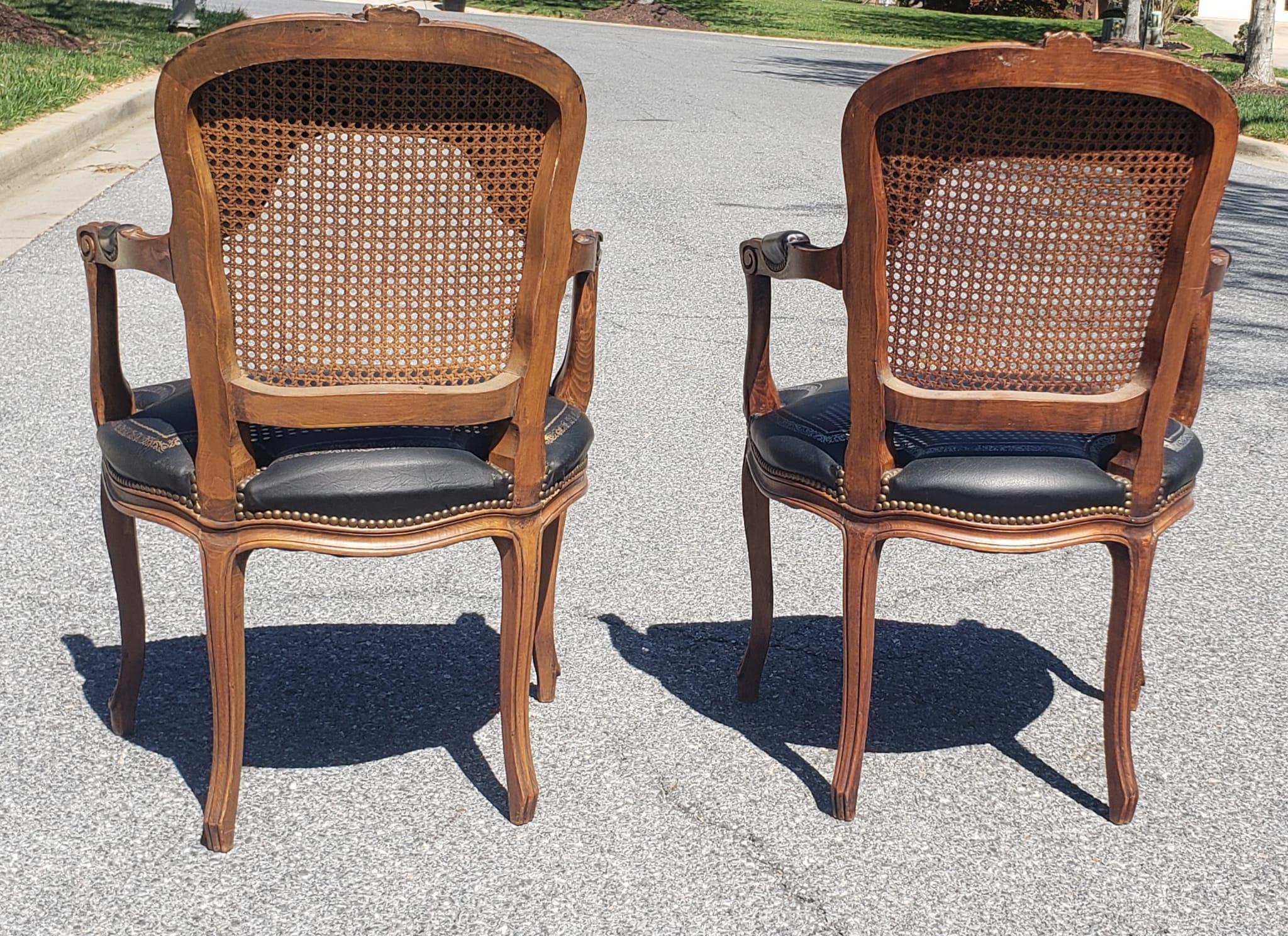 Pair Louis XV Fruitwood Brass Nailed Leather Upholstered Cane Back Armchairs For Sale 2