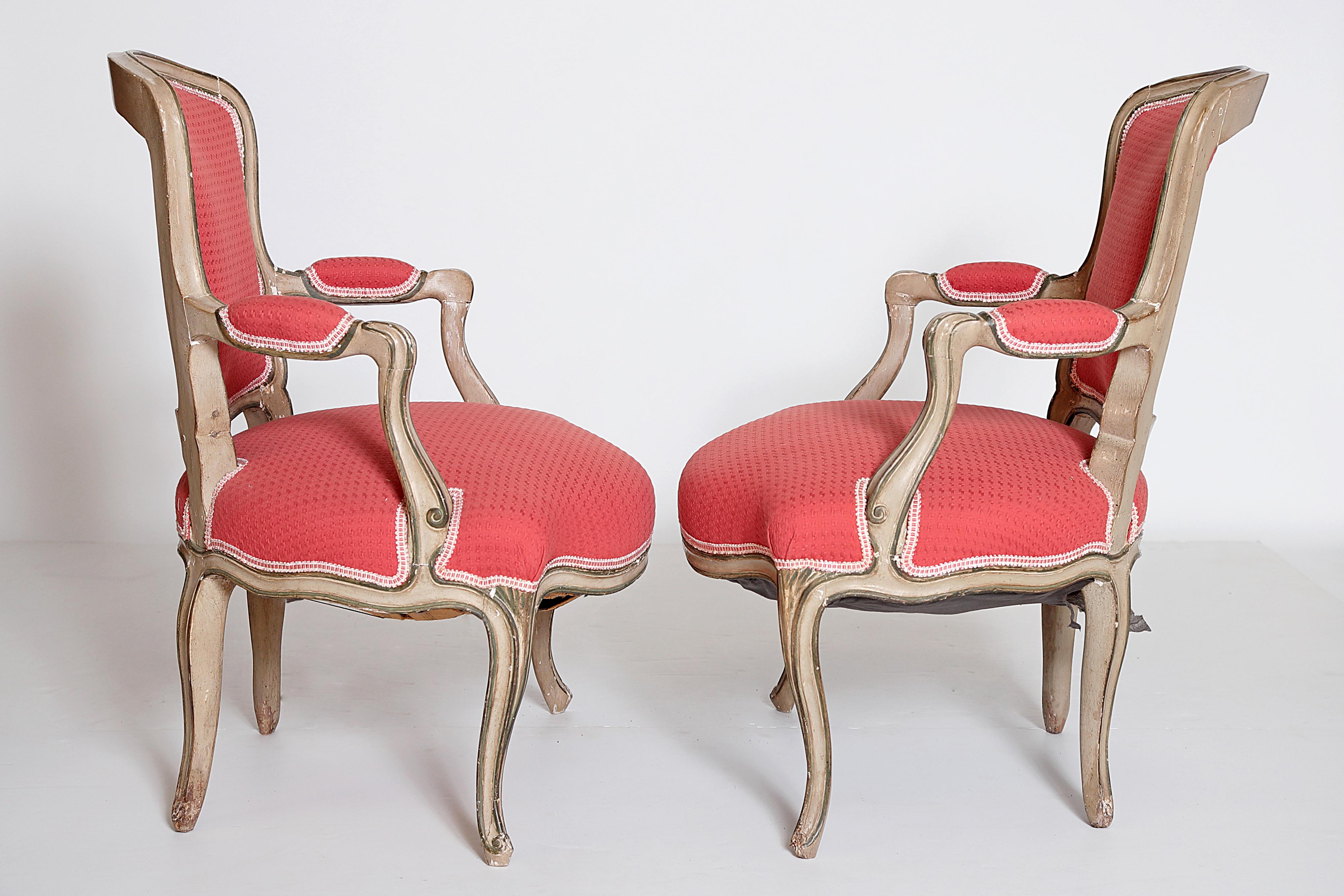 Pair of Louis XV Painted Fauteuils In Fair Condition In Dallas, TX