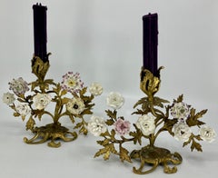 Pair Louis XV Porcelain Flower Ormolu Candlesticks