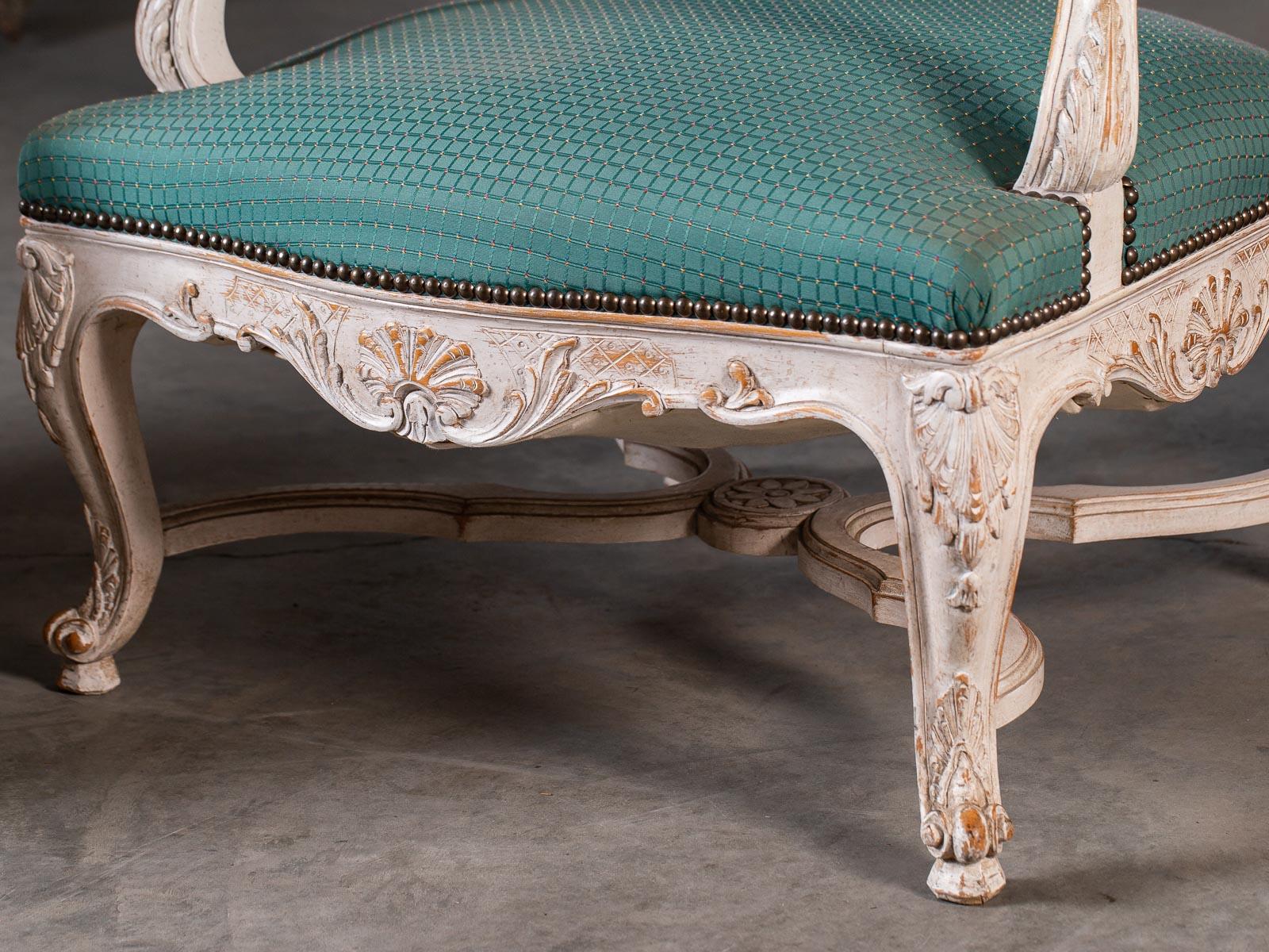Carved Pair Louis XV Régence Vintage French Painted Arm Chairs Fauteuils, circa 1920 For Sale