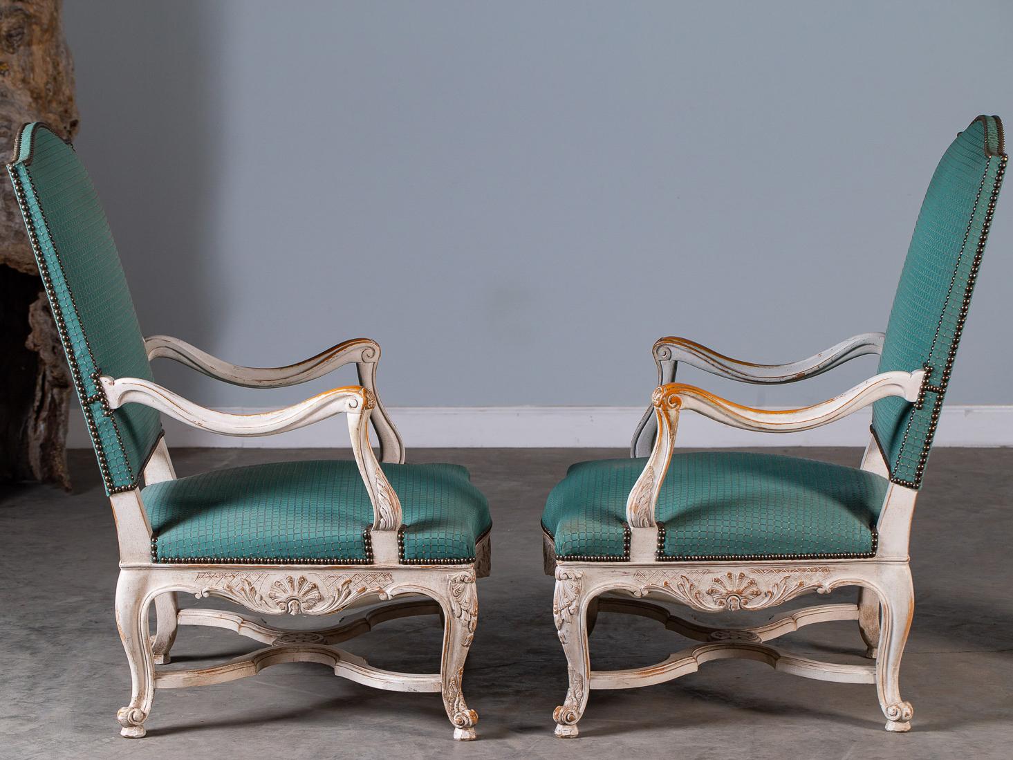 Fabric Pair Louis XV Régence Vintage French Painted Arm Chairs Fauteuils, circa 1920 For Sale