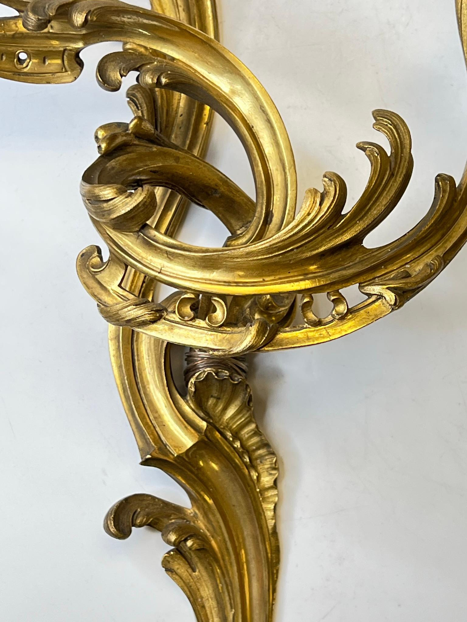 Pair Louis XV Rococo Style Gilt Bronze Two Light Sconces For Sale 5