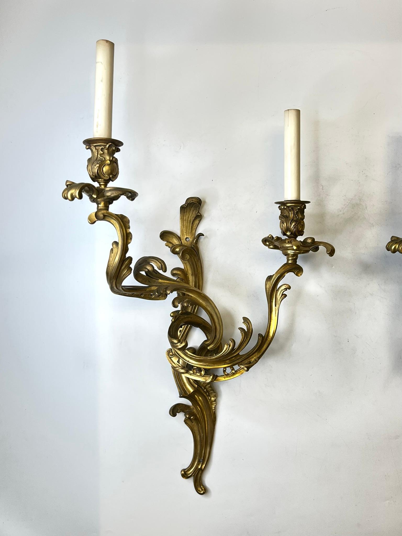 Pair Louis XV Rococo Style Gilt Bronze Two Light Sconces For Sale 11