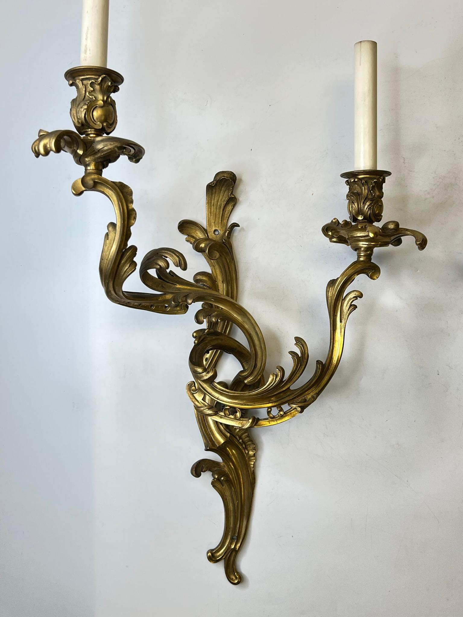 Pair Louis XV Rococo Style Gilt Bronze Two Light Sconces For Sale 12