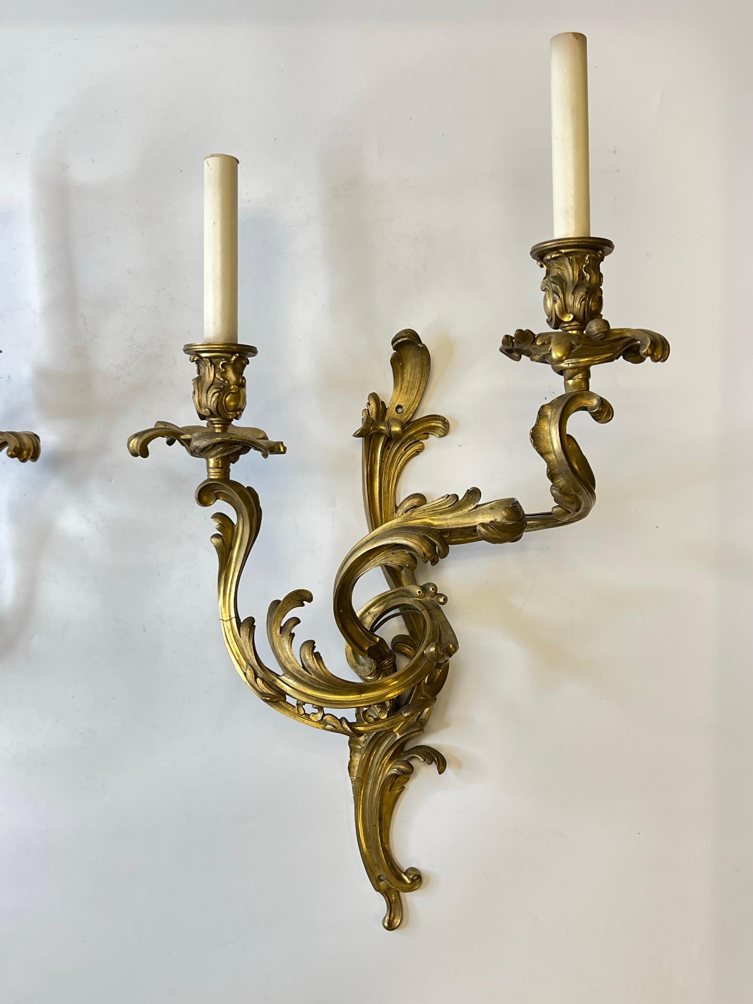 Pair Louis XV Rococo Style Gilt Bronze Two Light Sconces For Sale 13