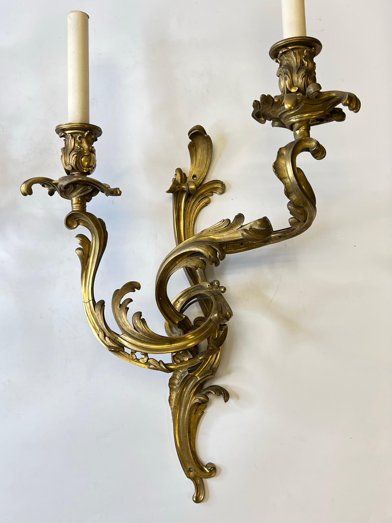 Pair Louis XV Rococo Style Gilt Bronze Two Light Sconces For Sale 14